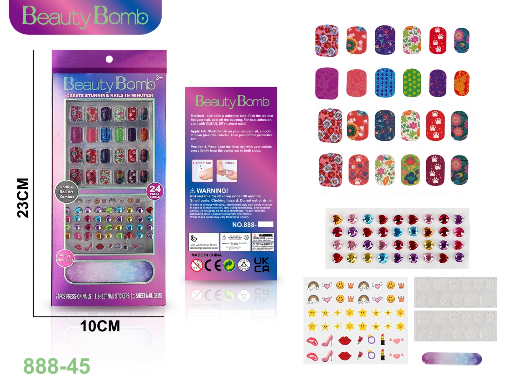 UV False Nails with Diamonds and 3D Film Set for Role-Playing/Cosmetics/Nail Art/Makeup