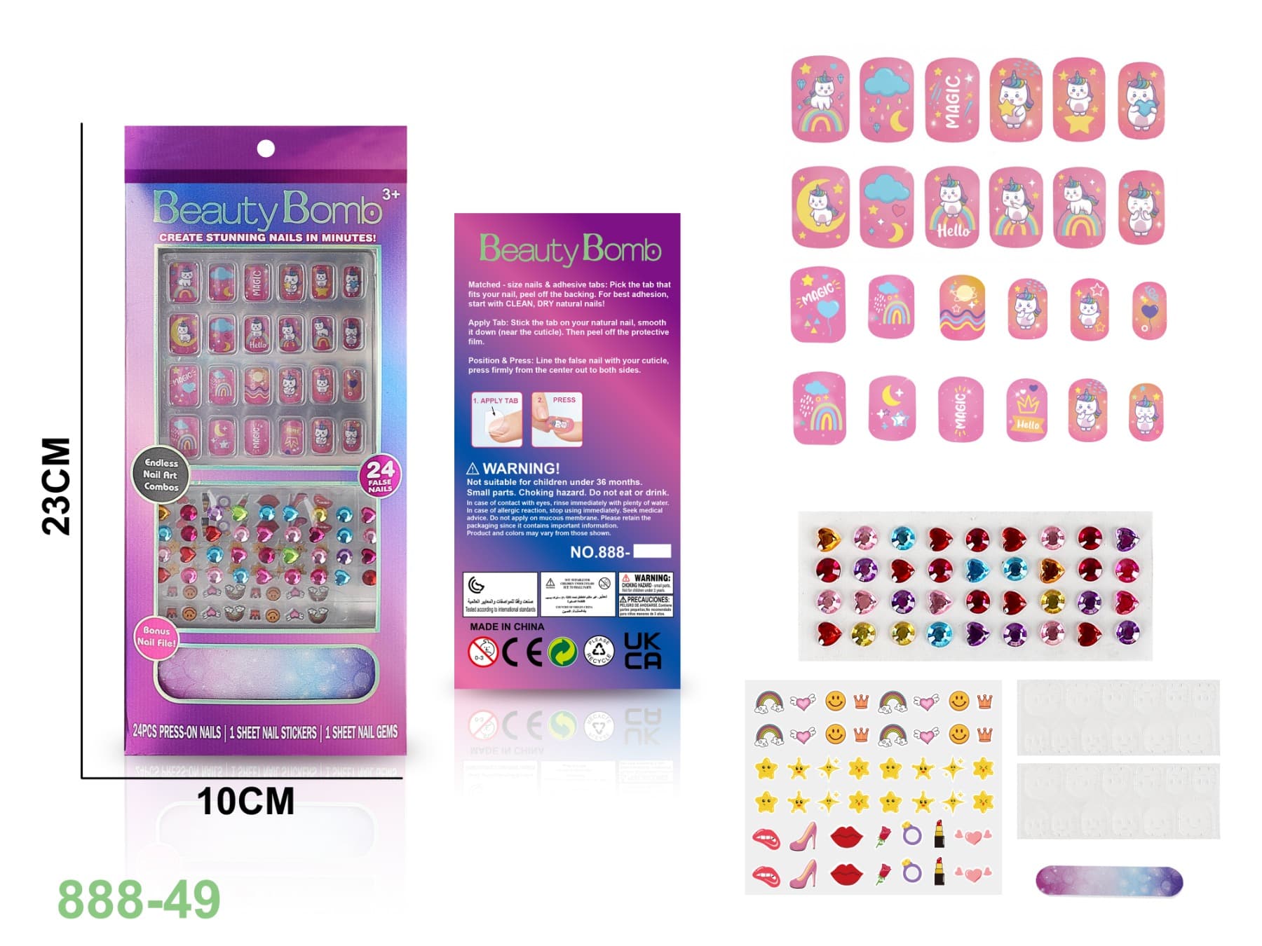 UV False Nails with Diamonds and 3D Film Set for Role-Playing/Cosmetics/Nail Art/Makeup
