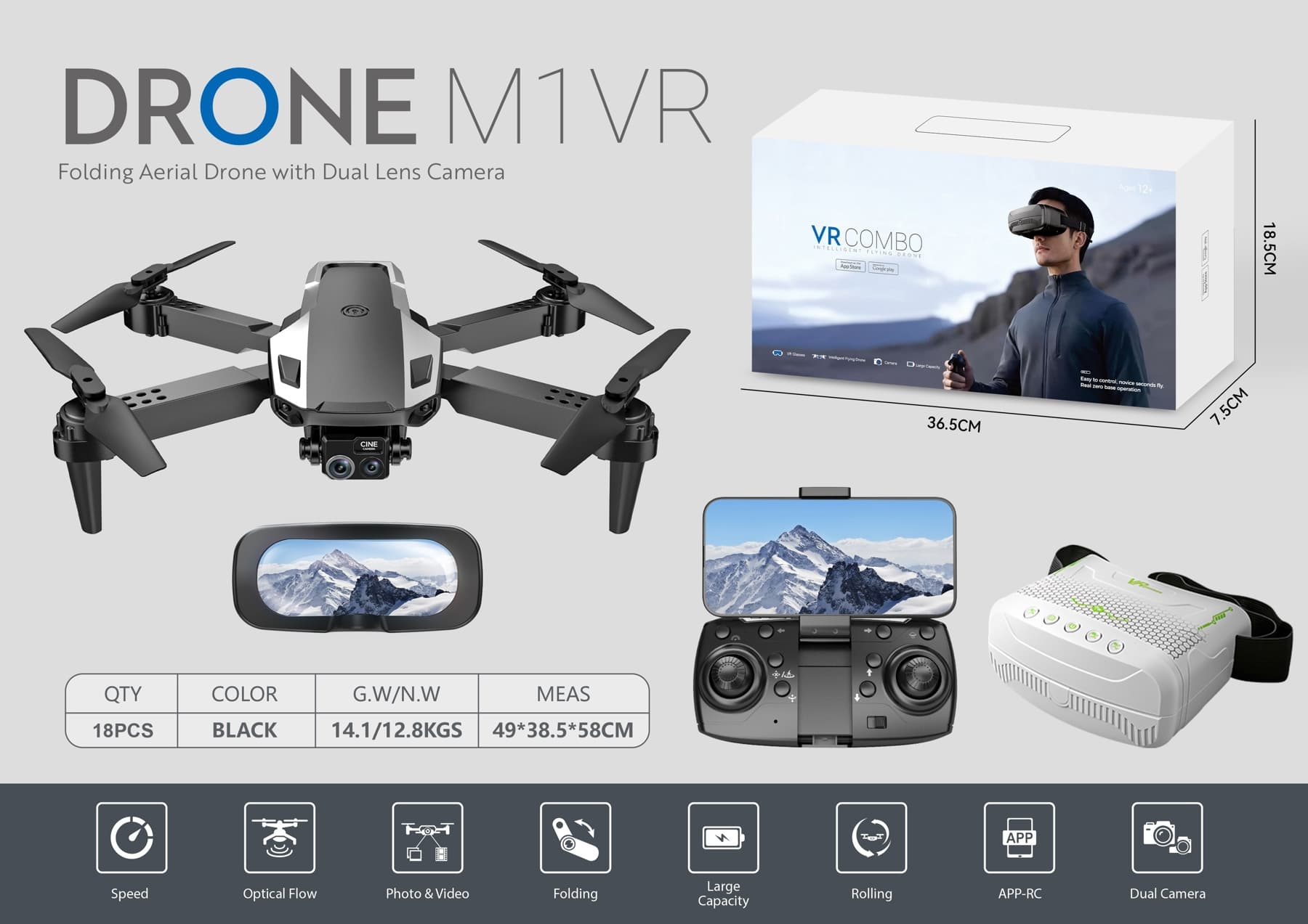Optical-flow dual-camera VR goggles, foldable aerial photography drone