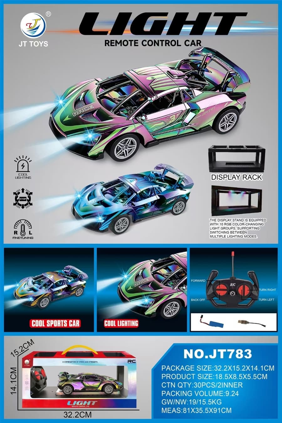 Colorful spray plated lights remote control car Colorful green/Colorful blue/Colorful orange 3-color mixed 1:20 (included) Body 3.7V rechargeable lithium battery, USB cable, remote control (2AA not included) 4-way