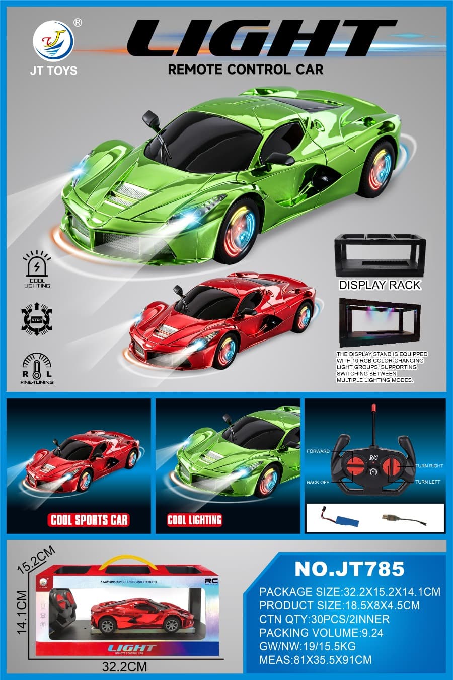 Light wheel remote control car electroplating green/electroplating red mixed color 1:20 (included) Body 3.7V rechargeable lithium battery, USB cable, remote control (2AA not included) 4-way