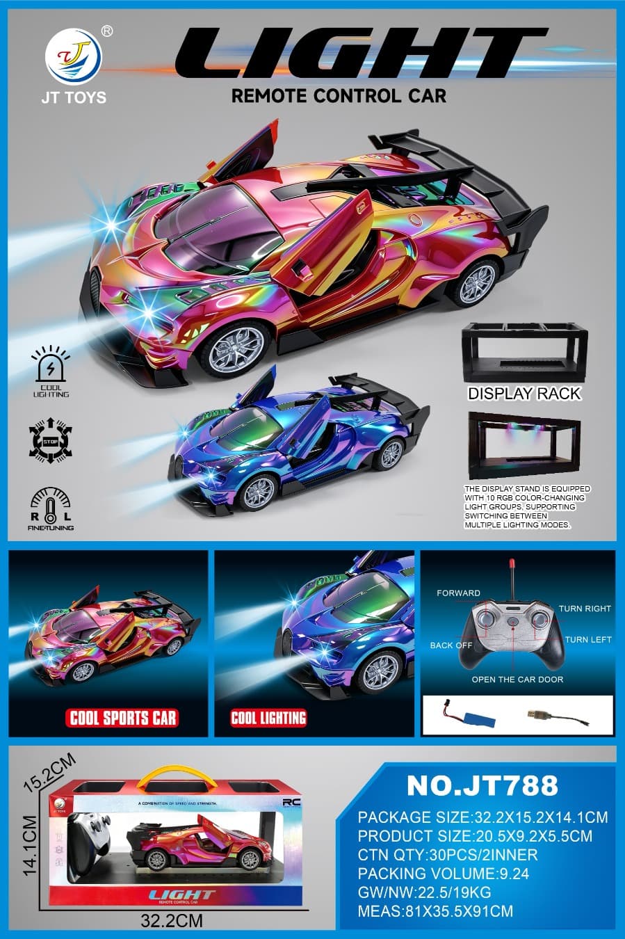 Colorful spray coating one key door light remote control car Colorful red/Colorful blue 2-color mixed 1:18 (included) Body 3.7V rechargeable lithium battery, USB cable, remote control (2AA not included) 5-way