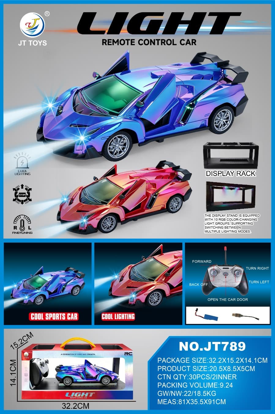 Colorful spray coating one key door light remote control car Colorful red/Colorful blue 2-color mixed 1:18 (included) Body 3.7V rechargeable lithium battery, USB cable, remote control (2AA not included) 5-way