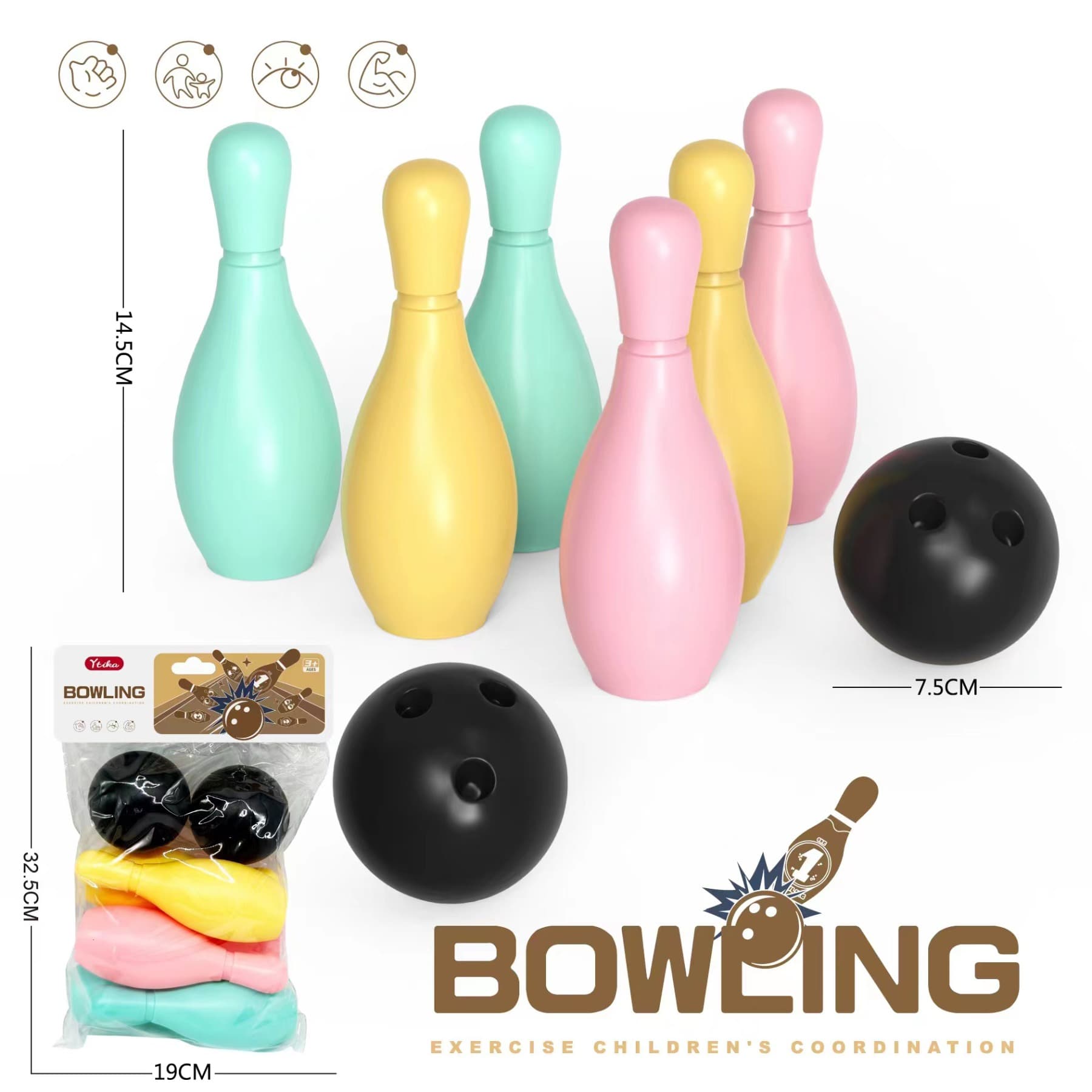 Colorful bowling balls with 6 bottles and 2 balls