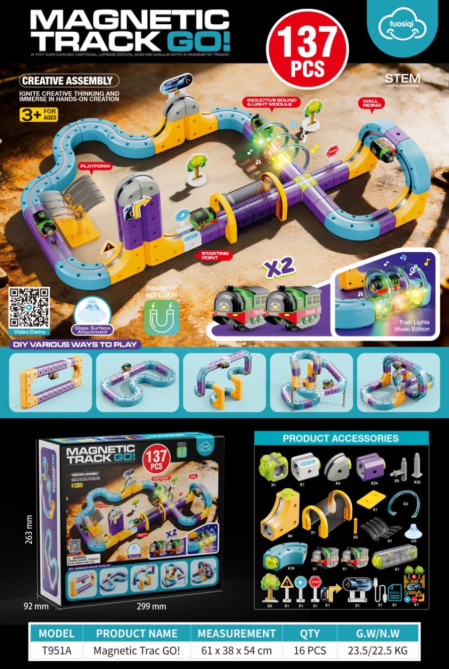 Double car version of magnetic levitation track car 137pcs (with induction lighting and music)
