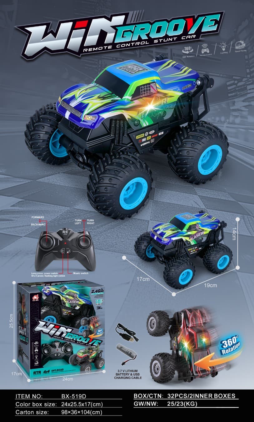 Includes Battery (Includes 3.7V Li-ion Battery for Car, Excludes 2AA Batteries for Remote) 1:16 6-Channel 360° Stunt Remote Control Car