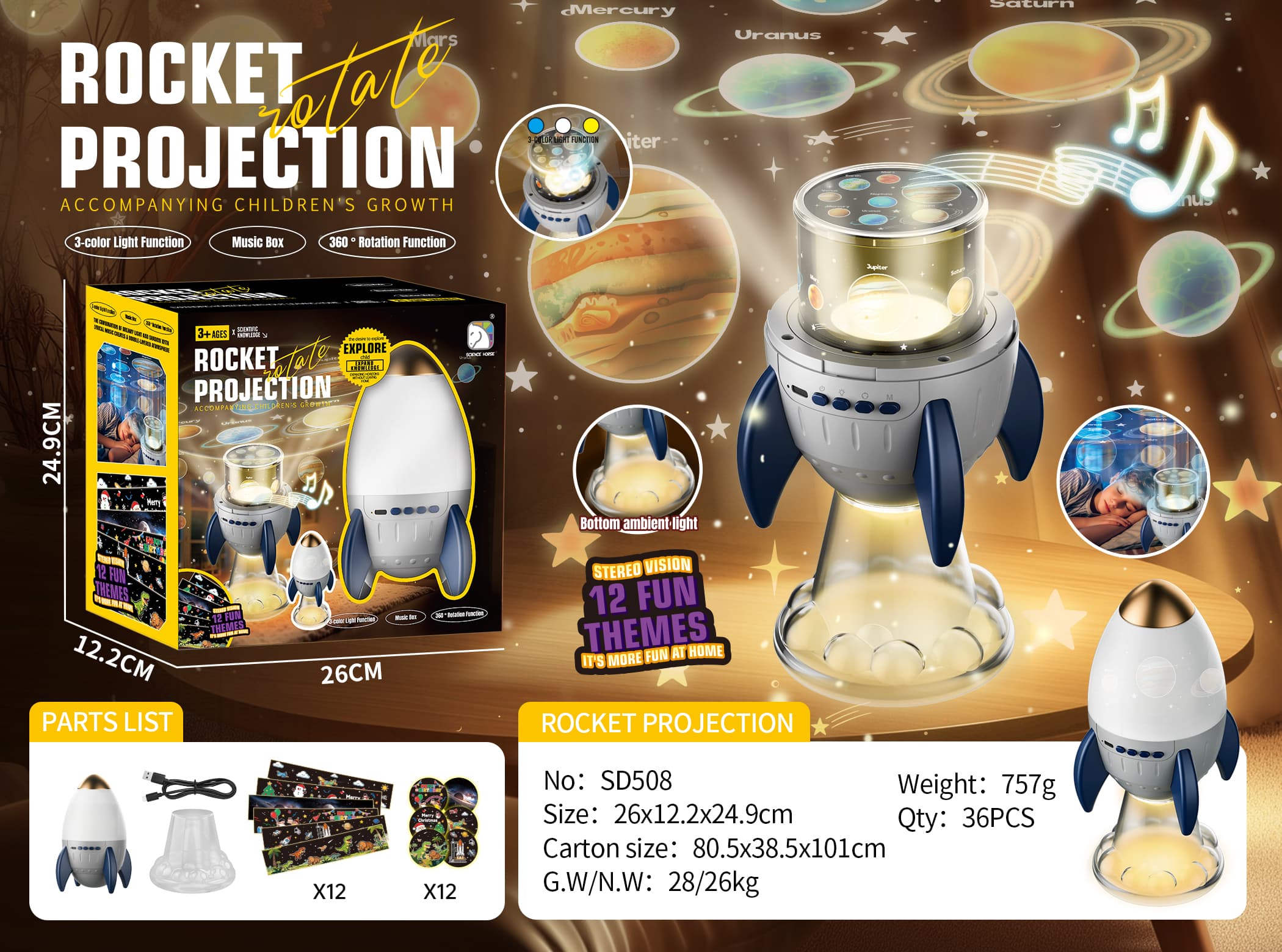 Rocket Projection Small Night Lamp (Music Box)