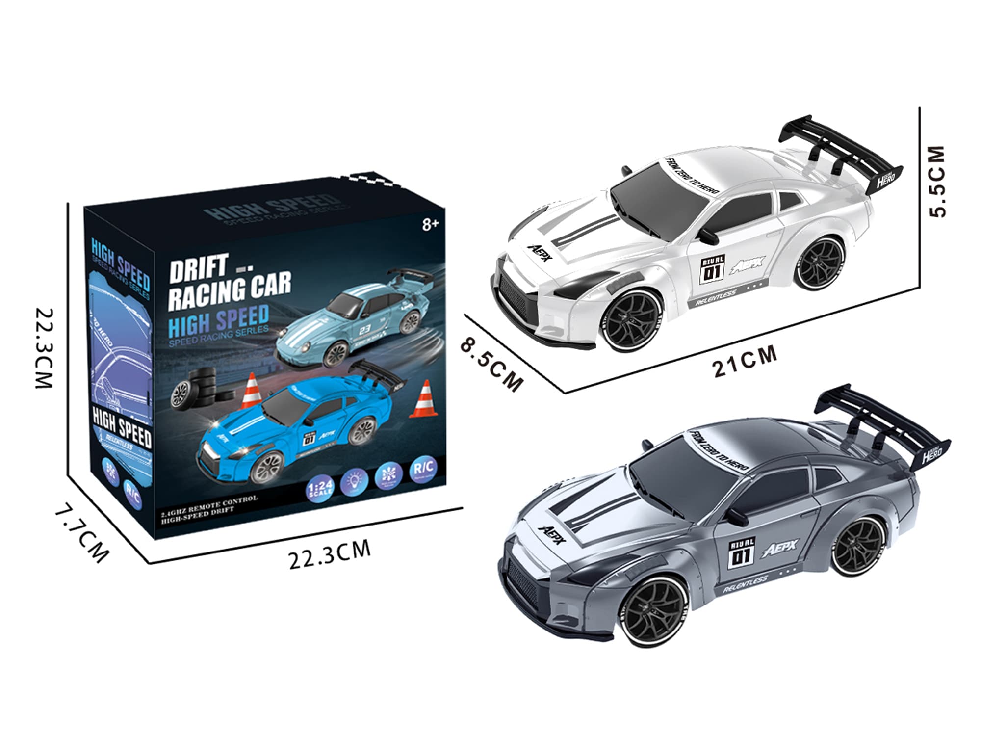 1:24GTR Remote-Controlled Semi-Scale Drift Car (Stepless Speed Control) 2.4G Radio System, Lights, Music, 7 Channels