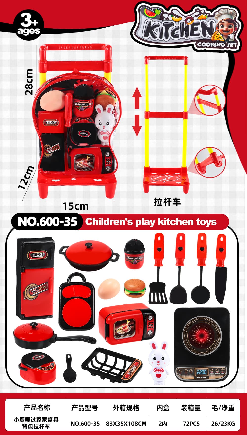 Little chef playing house, tableware, backpack, trolley