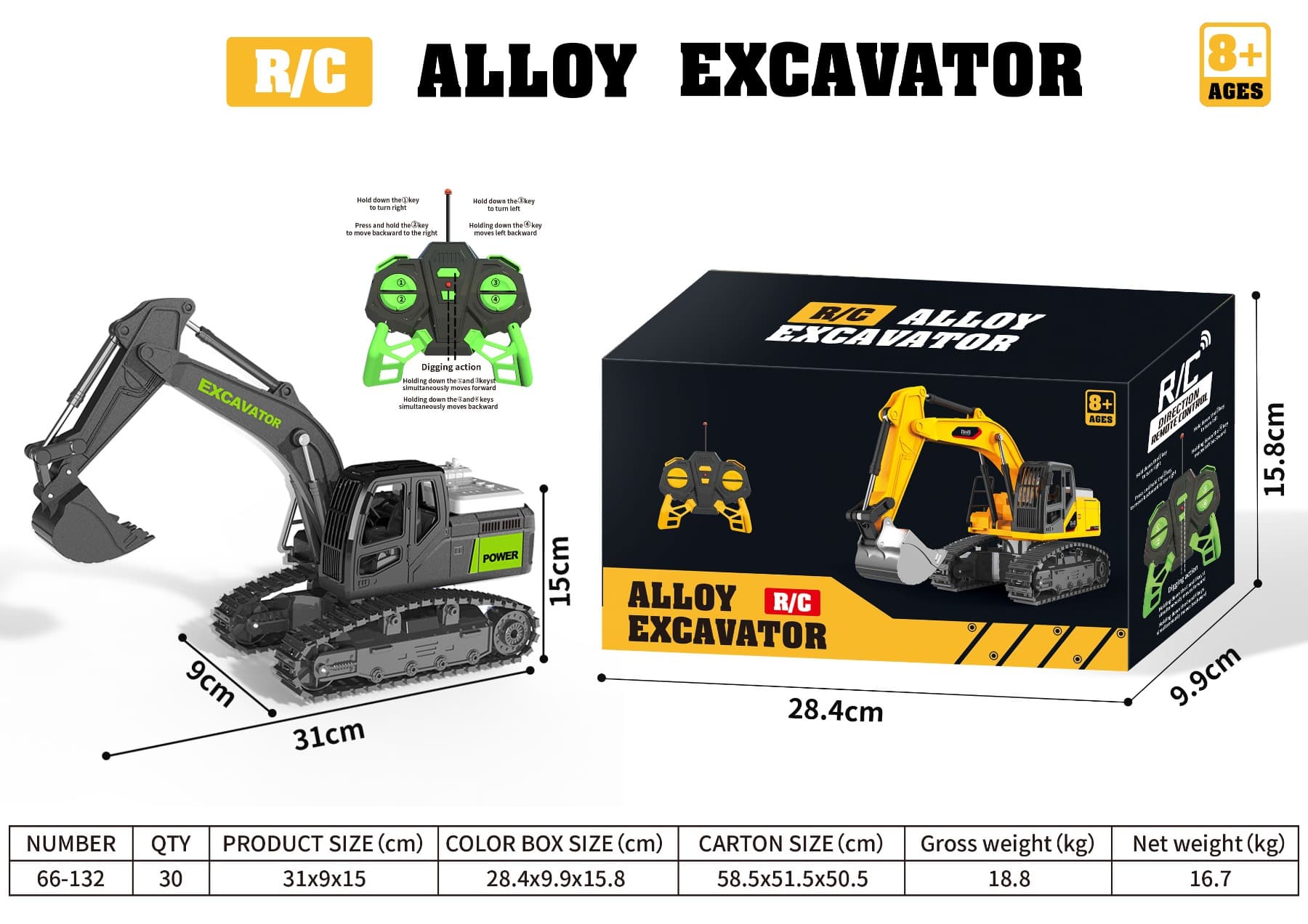 Six channel remote control tracked alloy excavator/forward/backward/left/right/mechanical arm: excavation action/push arm action/lighting/sound effect
