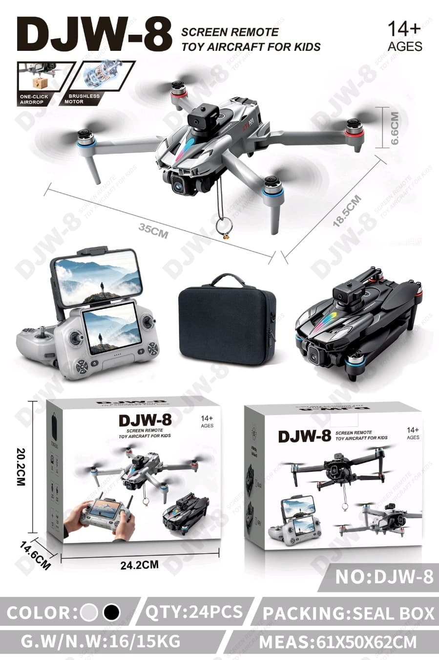 4.5-Inch Screen Remote Controller
(Screen + WiFi Camera)
Brushless Motor Drone
Four-Directional Obstacle Avoidance
ESC Camera 90°
RGB Motor Lights
Dual Cameras
One-Key Airdrop