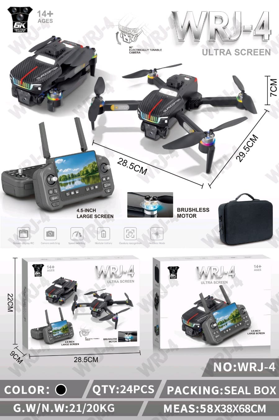 4.5-inch Screen Large Remote Controller
Brushless Motor Drone
Four-way Obstacle Avoidance
90° ESC Camera
RGB Motor Lights
Dual Camera