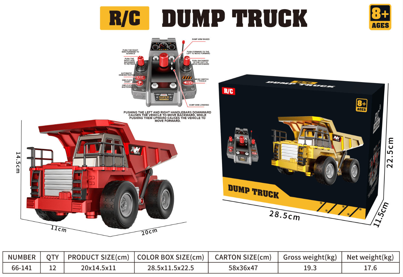 9-way remote control wheel dump truck/forward/backward/left turn/right turn/lighting/bucket up/bucket down