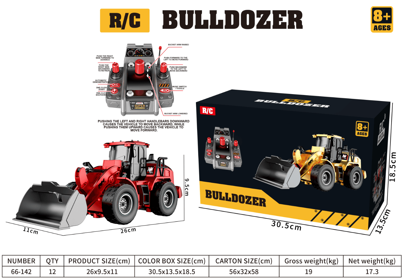 9-way remote control wheeled bulldozer/forward/backward/left/right turn/light/push arm up/push arm down