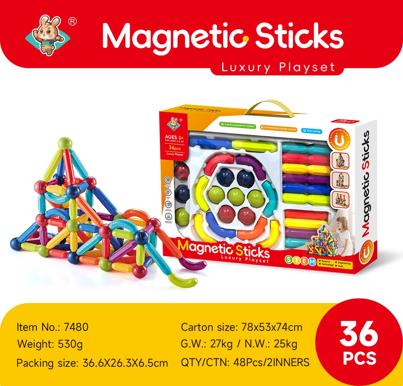 Magnetic Rods 36PCS High-Strength ABS Building Blocks (Windowed Gift Box)