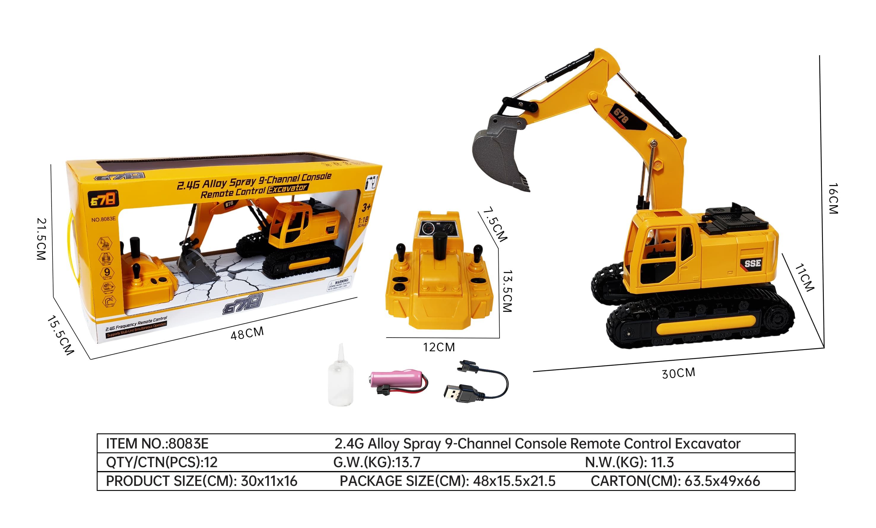 9-Channel 2.4G Remote Control Alloy Track Spray Excavator (Construction Vehicle, with Lights, 3.7V Lithium Battery, USB Charging Cable, and Water Absorber)