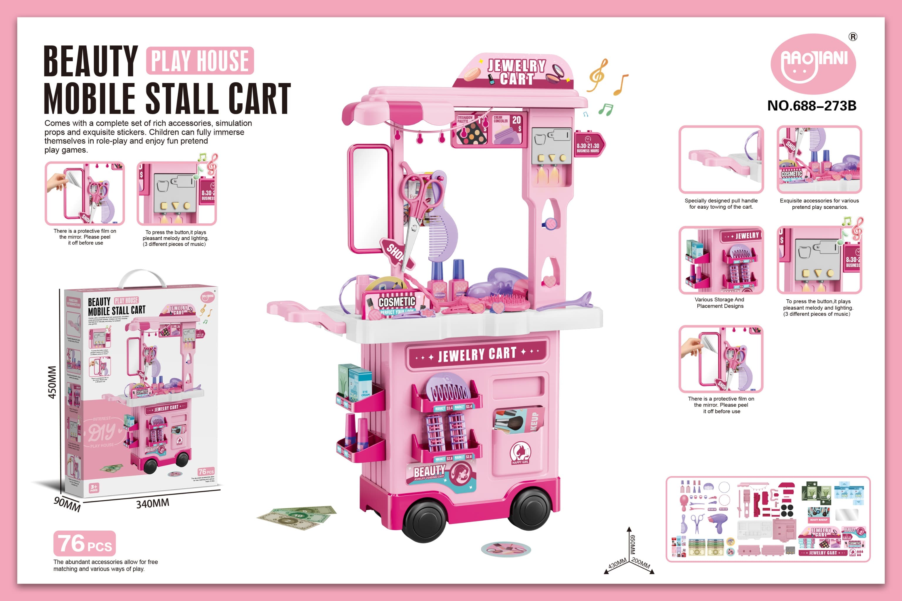 2-in-1 Dressing Table Cart with Lights and Music (76PCS)
