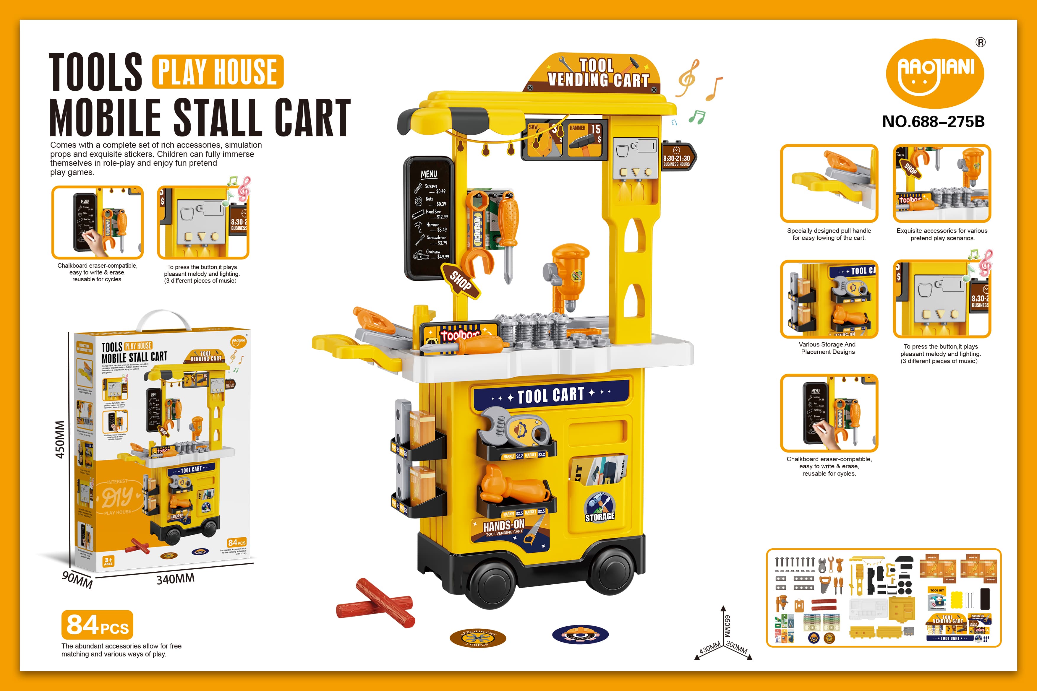 2-in-1 Tool Bench Cart with Lights, Music & Writing Board (84PCS)