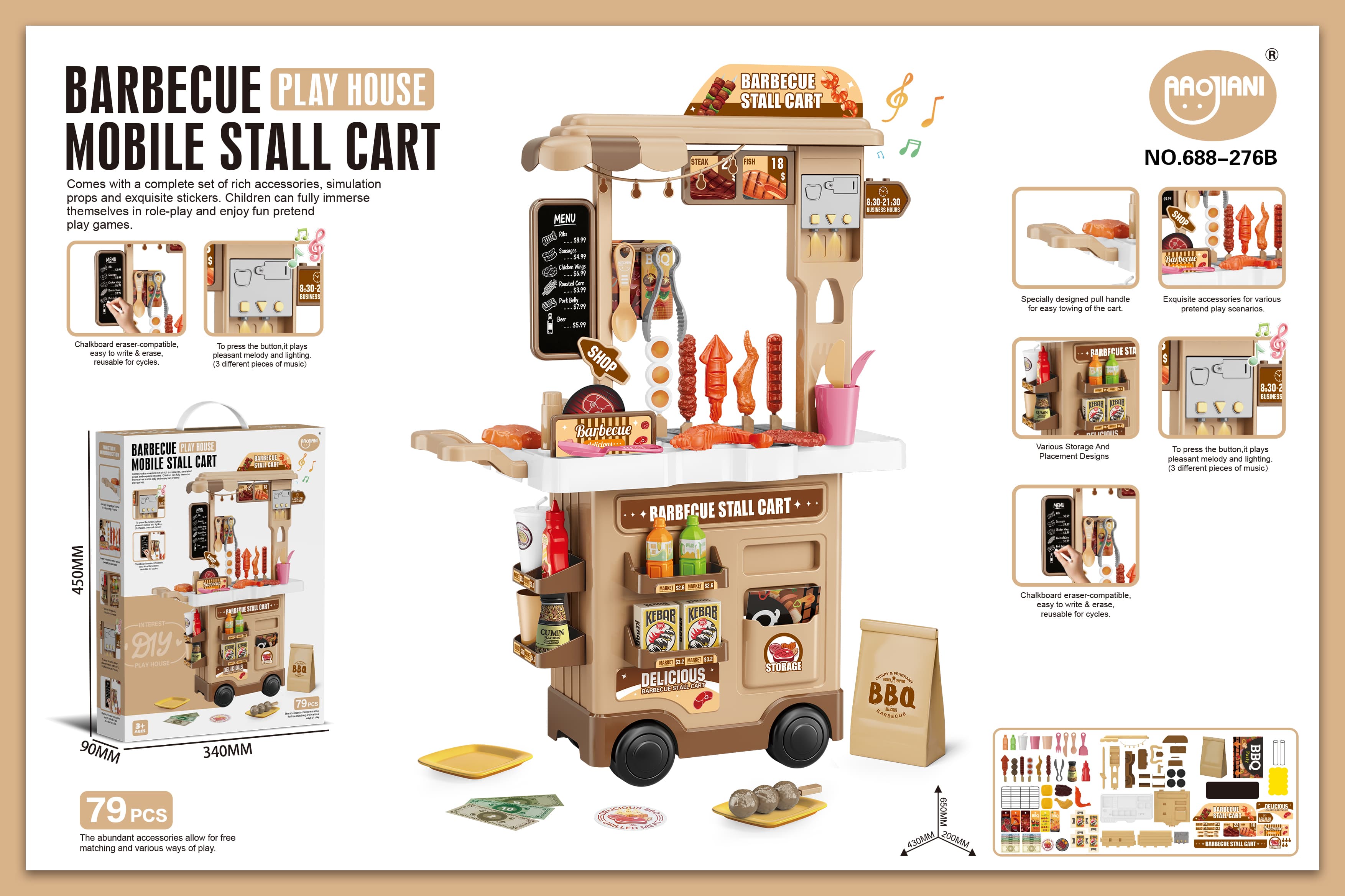 2-in-1 BBQ Grill Cart with Lights, Music, and Writing Board (79PCS)