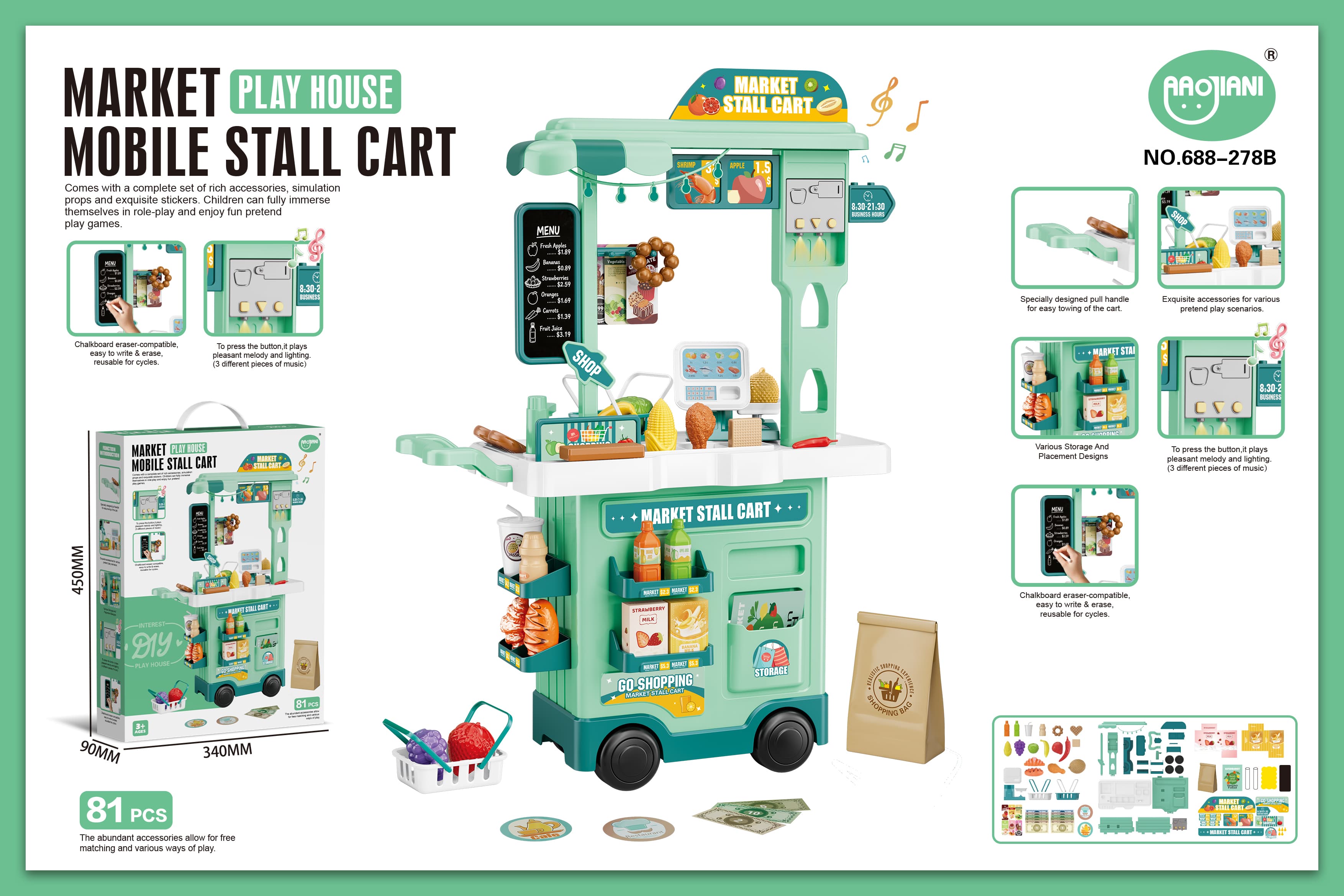 2-in-1 Supermarket Cart with Light & Music, Includes Writing Board (81PCS)
