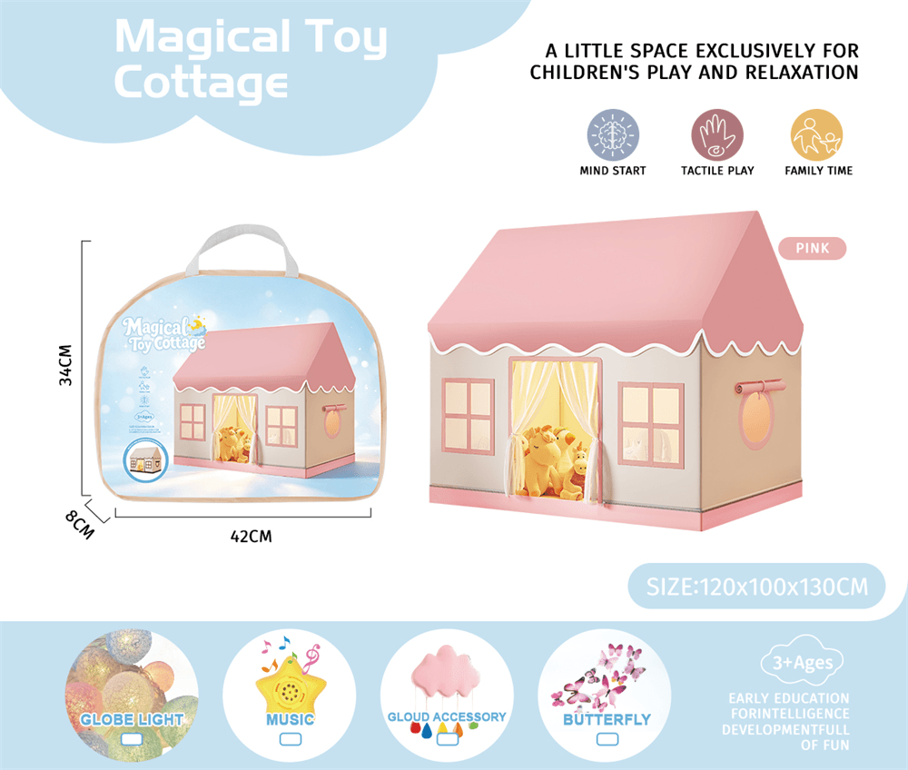 Pink Solid Color Wukong House - Minimalist European Style Kids Tent, Playhouse for Pretend Play, Exclusive Castle for Children with 4-Piece Accessories