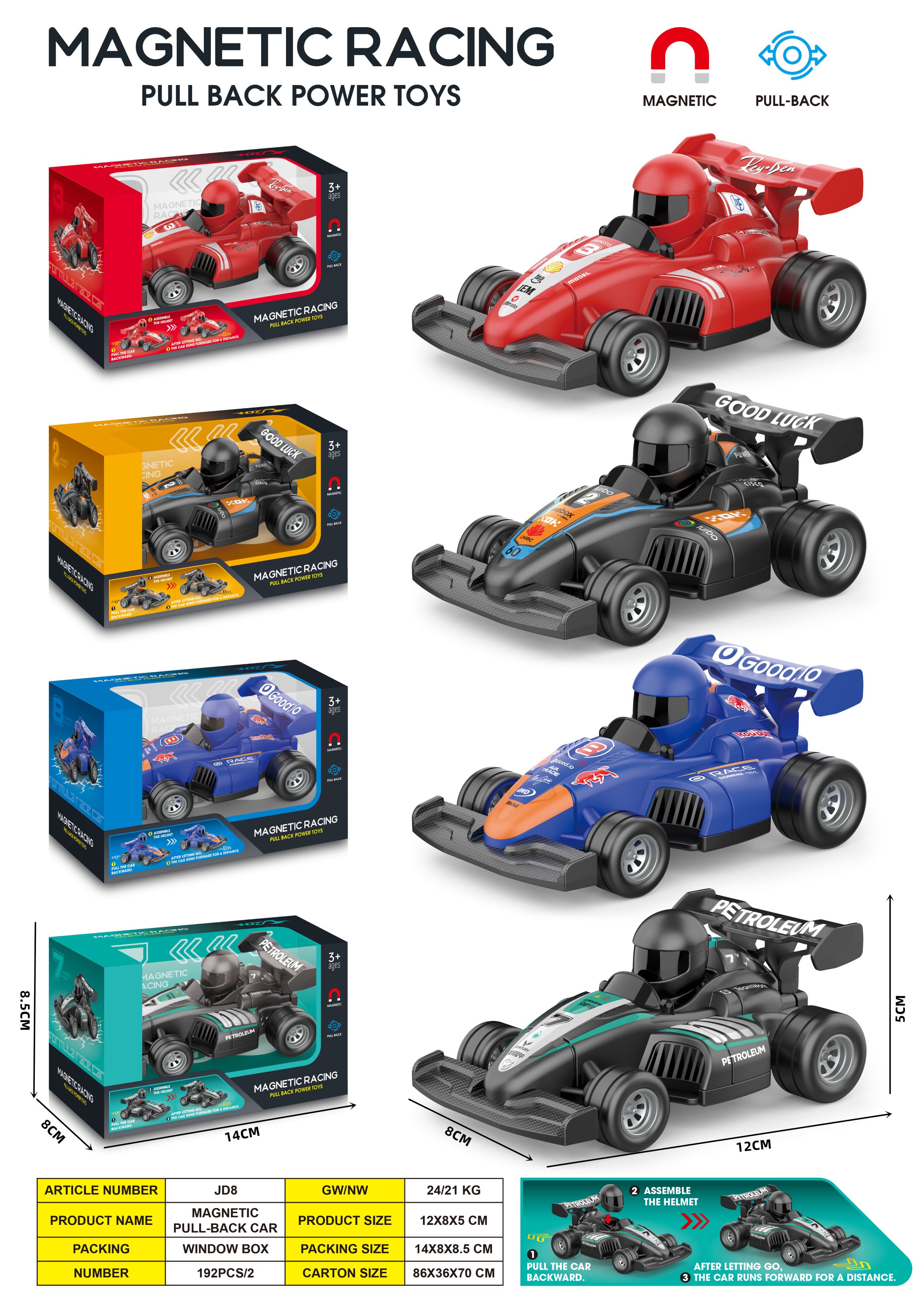 Magnetic Racing Car - Gameplay 1. Pull back the helmet to hear a click sound, then place it on the car to magnetically propel it forward. Gameplay 2. Pull back the car to charge it, then release to race ahead.