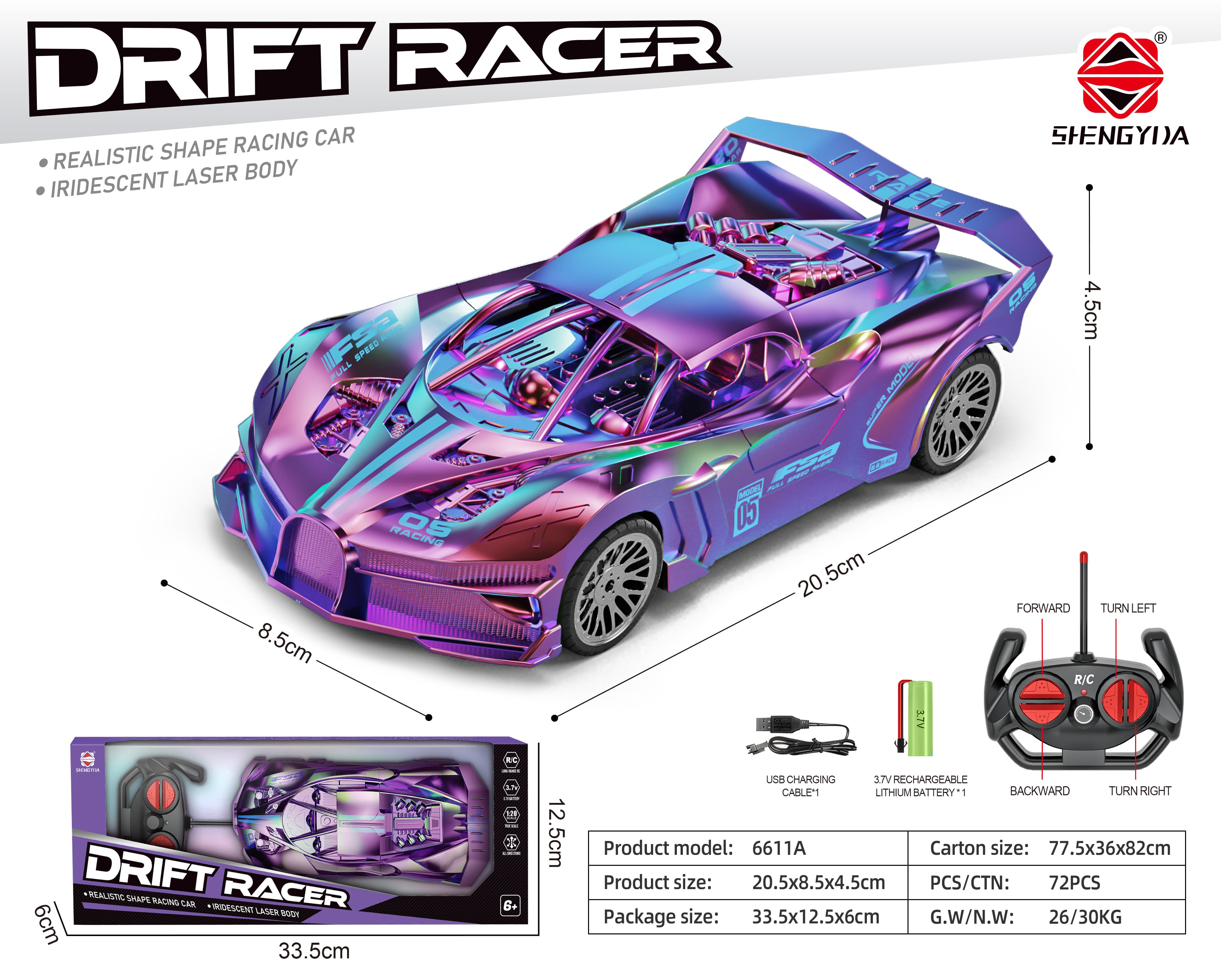 1:20 Rainbow Chrome Bugatti 4-Channel Remote Control (Includes Battery & USB Charging)