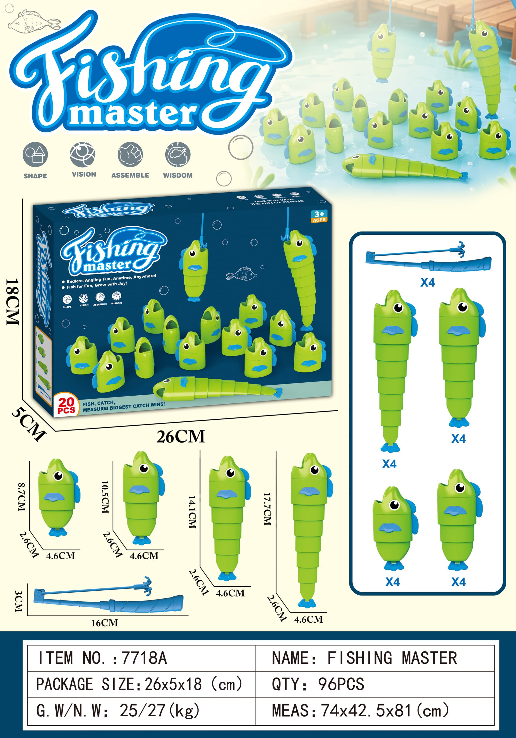 Fishing Master (English Version, 16 Fish with 4 Fishing Rods, 4 Types of Fish with Adjustable Lengths)