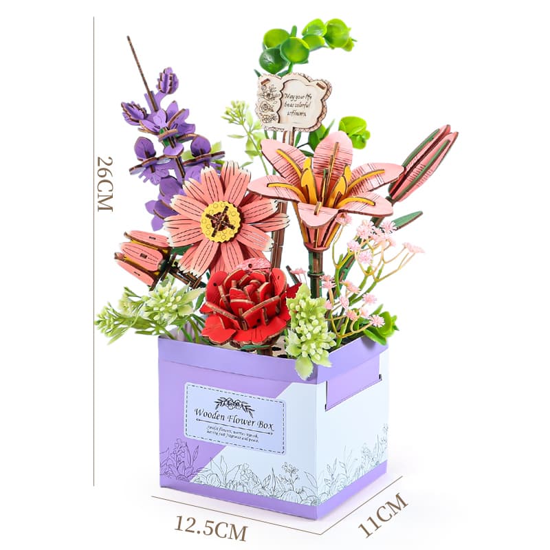 Rainbow Pink Floral Box Bouquet 3D Wooden Flower Arrangement/Wooden Flower/Assembly Flower/Puzzle Model Flower/Building Block Flower/Eternal Flower/Wooden Art Floral