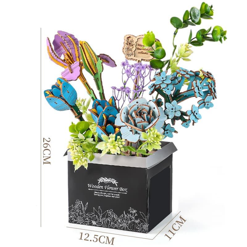 Dreamy Blue Floral Box Bouquet 3D Wooden Floral Arrangement/Wooden Flowers/Assembly Flowers/Puzzle Model Flowers/Building Block Flowers/Eternal Flowers/Woodcraft Blossoms