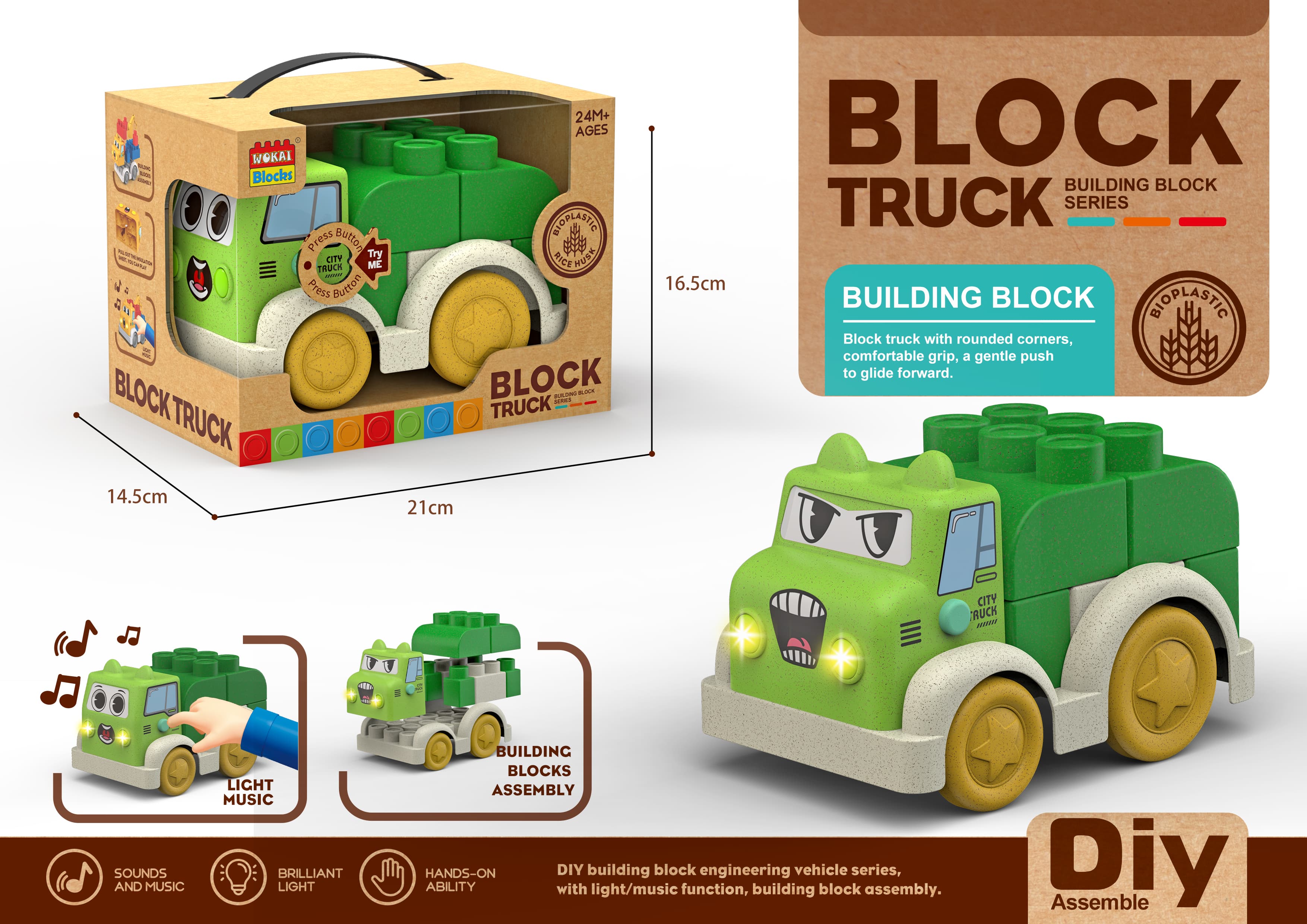 Straw-Themed Large-Piece Light and Music Educational Building Block Dump Truck (Includes 3 AG13 Batteries) - Large-Piece Building Blocks, Educational Assembly, 3D Creative Puzzle