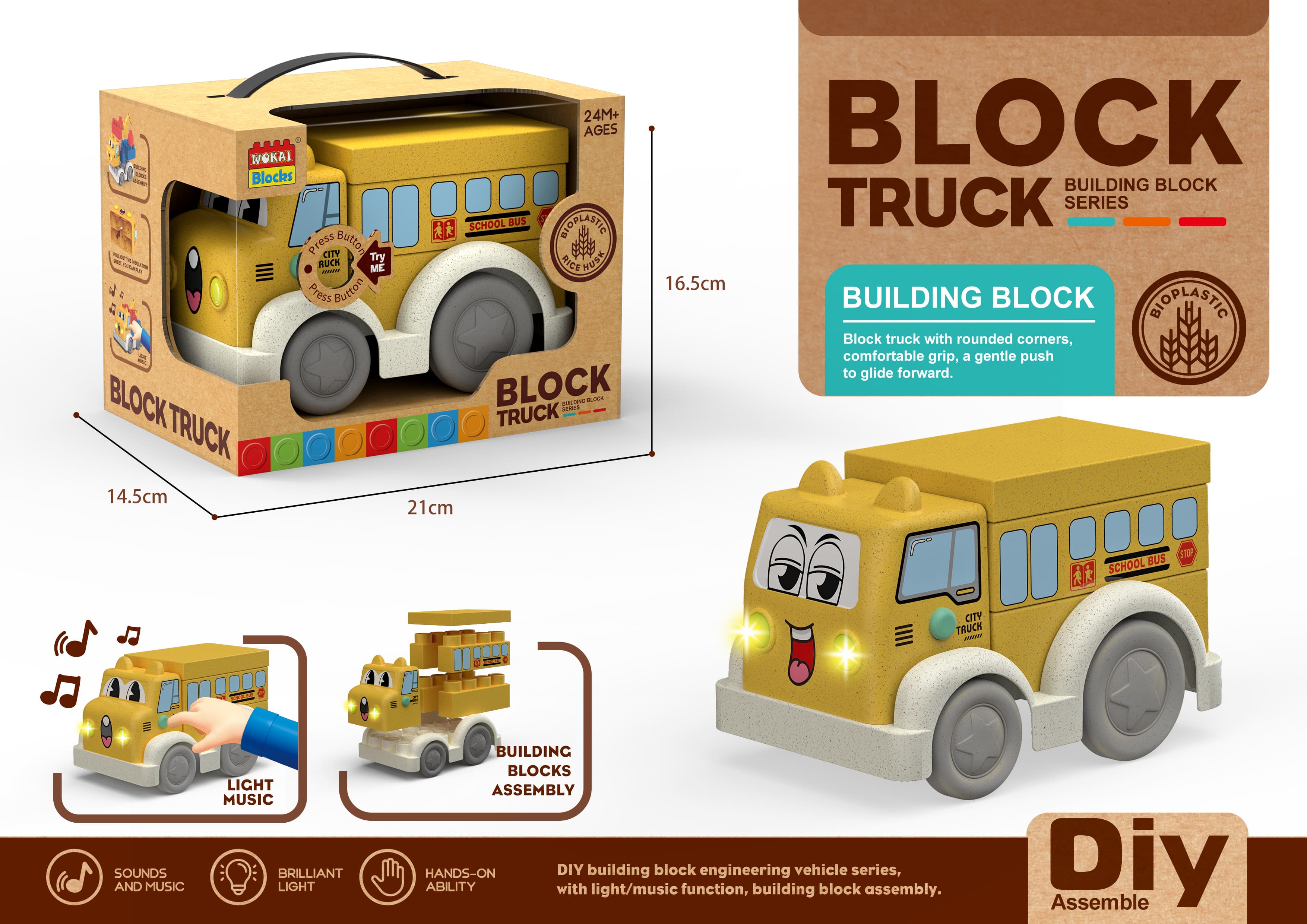 Straw-Inspired Large-Piece Light & Music Educational Building Blocks - Gliding School Bus (Includes 3 AG13 Batteries) - Creative 3D Puzzle for Kids