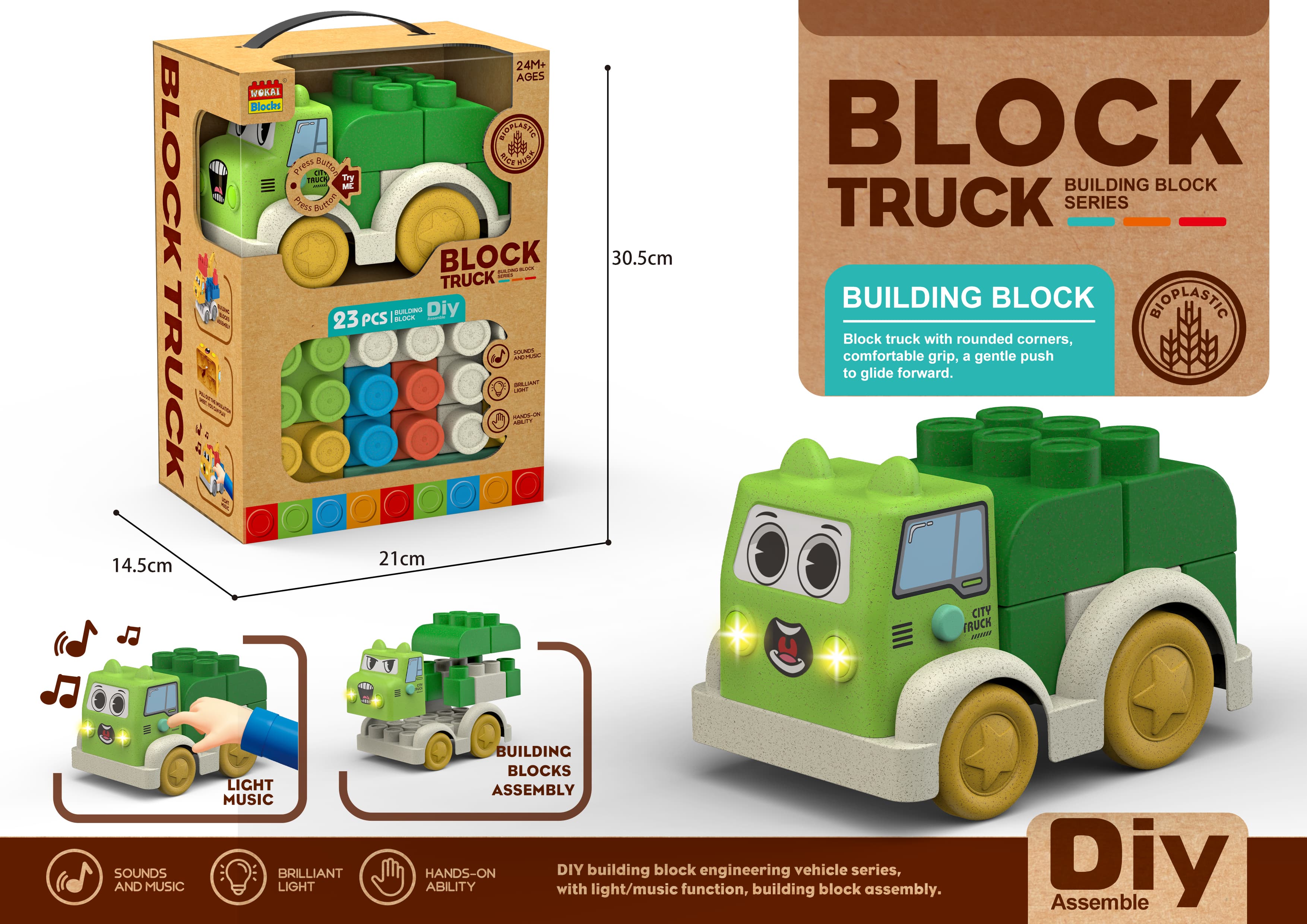Straw-Inspired Large-Piece Light-Up Musical Educational Building Blocks - Garbage Truck + 23 Blocks (Includes 3 AG13 Batteries) - Large-Piece Educational 3D Creative Puzzle Building Set
