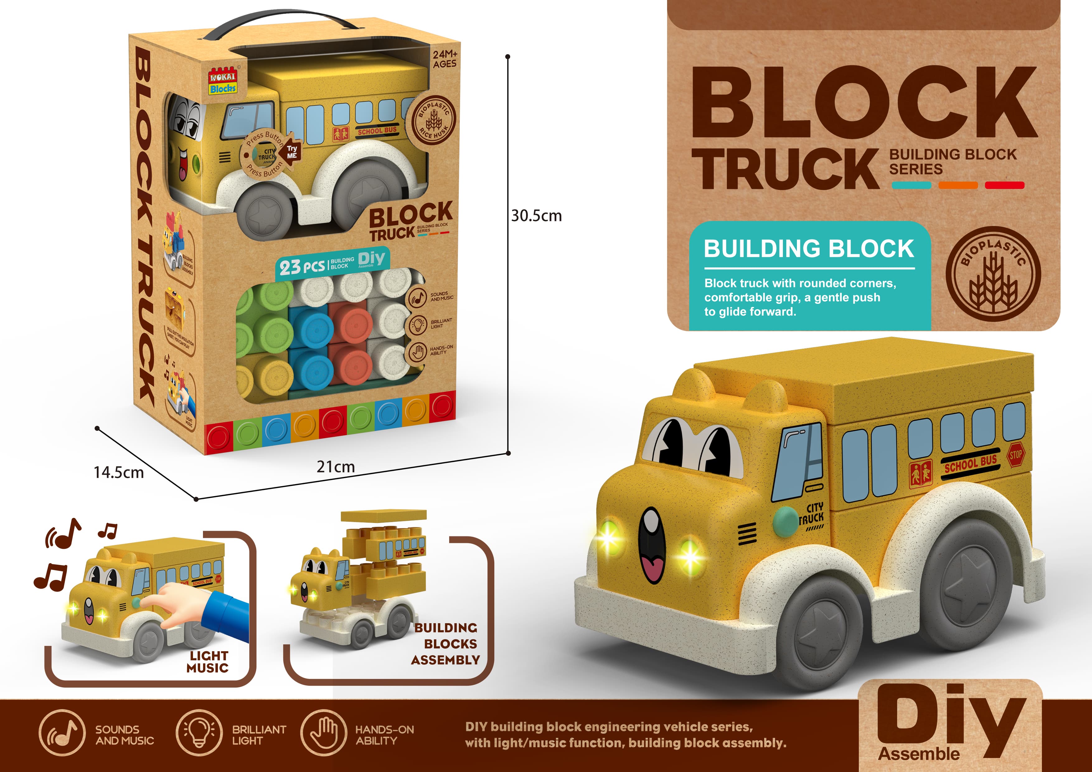 Straw Material Large-Piece Light-Up Musical Educational Building Blocks Gliding School Bus + 23 Blocks (Includes 3 AG13 Batteries) - Large-Piece Educational Assembly 3D Creative Puzzle