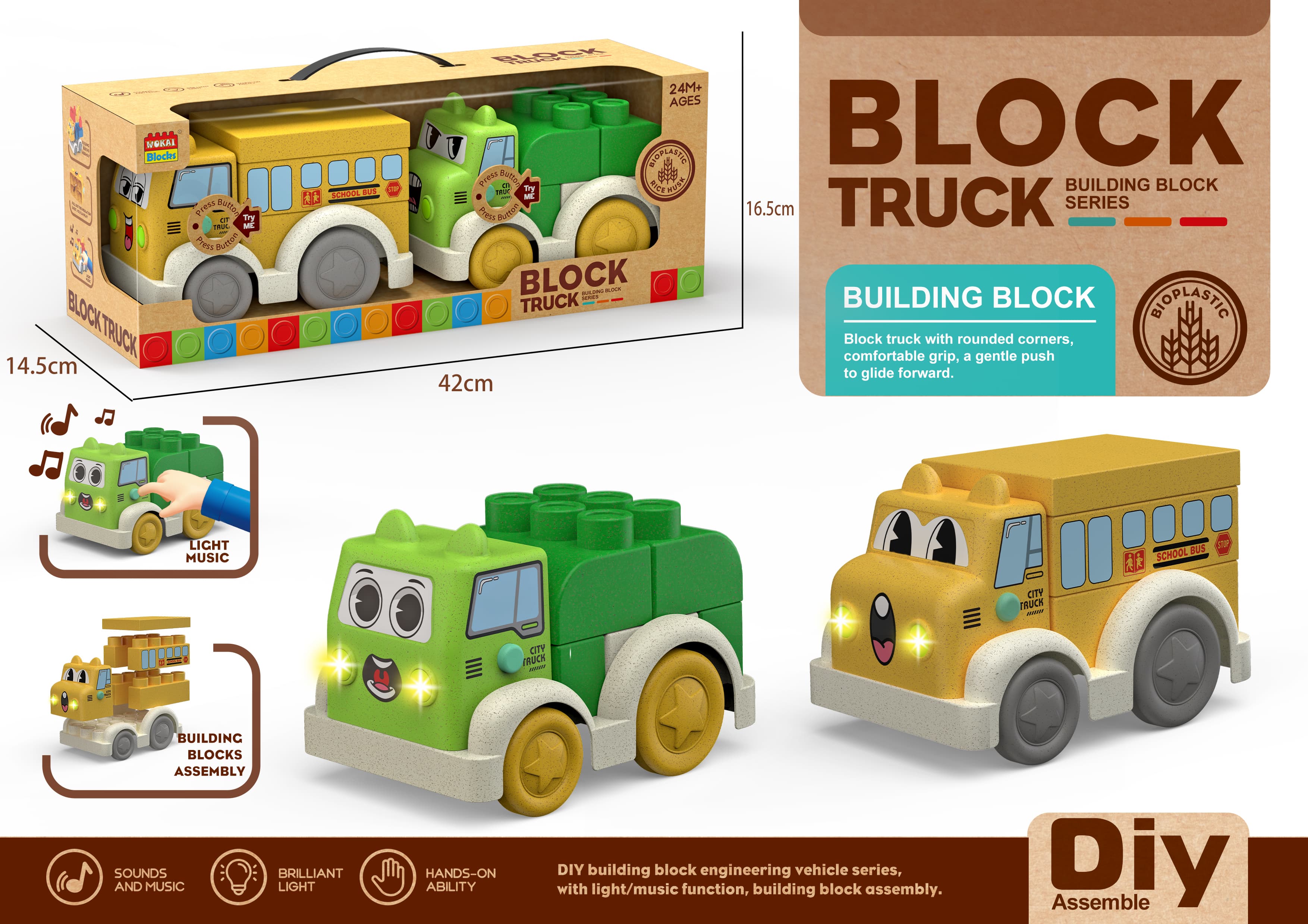 Straw Material Large Particle Light and Music Educational Building Blocks (School Bus + Sanitation Truck) (Includes 3 AG13 Batteries) - Large Particle Blocks, Educational Assembly, 3D Creative Puzzle