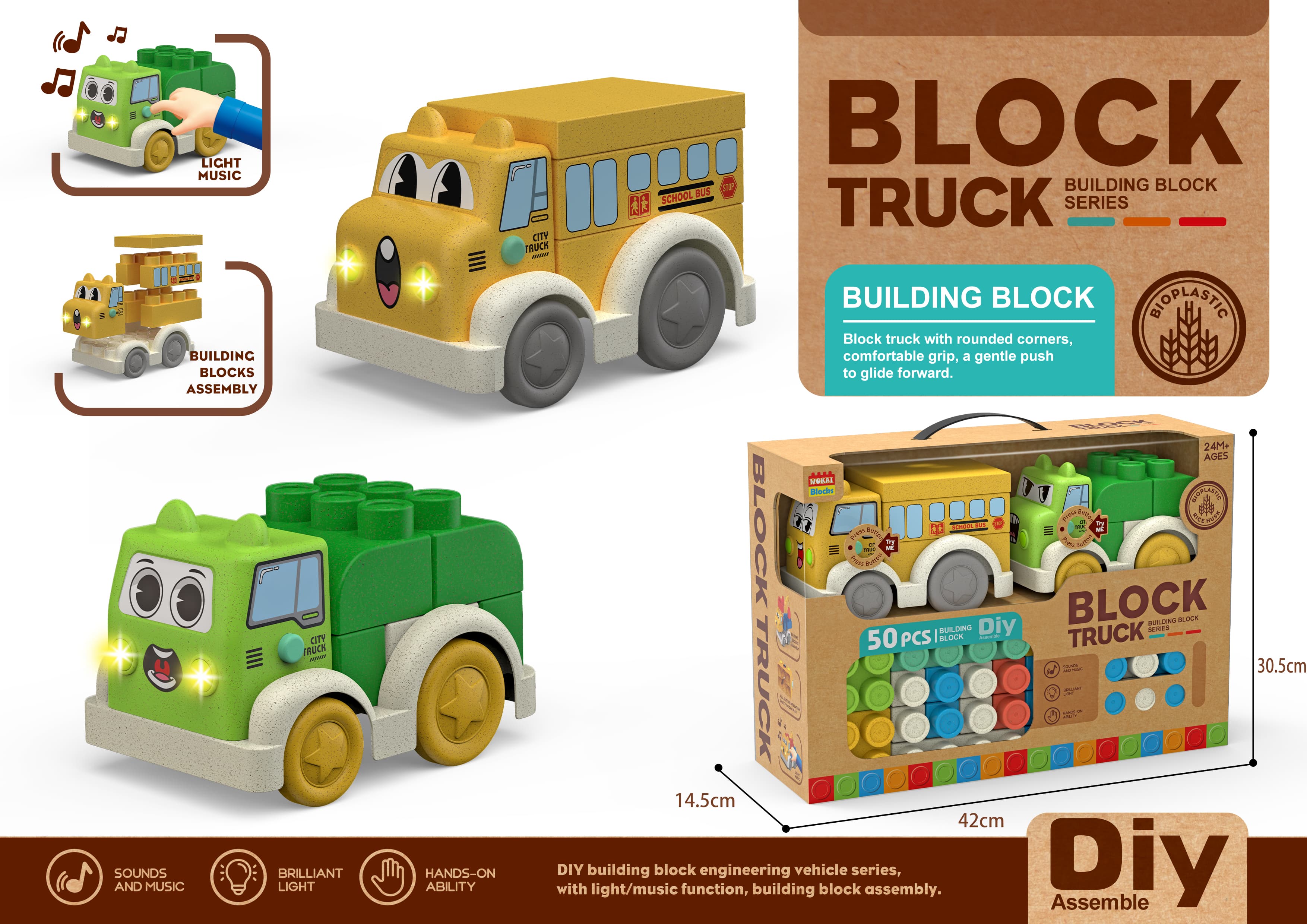 Straw Material Large-Piece Light-Up Musical Educational Building Blocks Sliding Set (School Bus + Garbage Truck) + 50 Blocks (Includes 3 AG13 Batteries) - Large-Piece Educational Assembly 3D Creative Puzzle