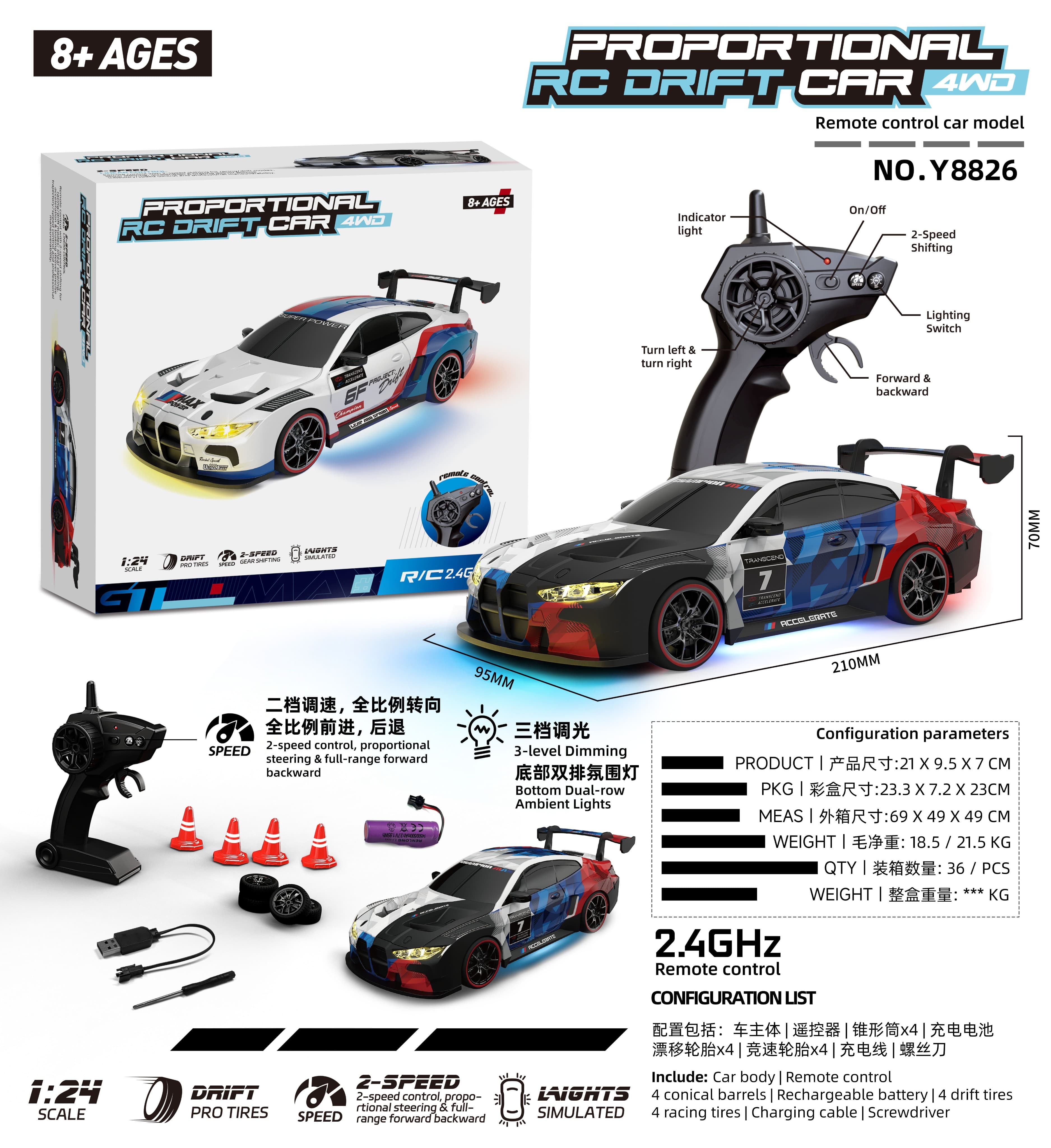 [Cross-border] 2.4G 4WD Full Proportional Remote Control Drift Car M4 (Black and White)