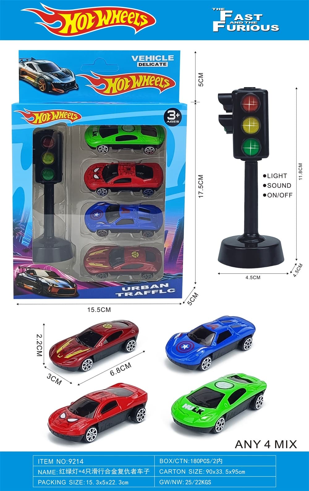 Traffic Light + 4 Avengers Die-Cast Sliding Cars