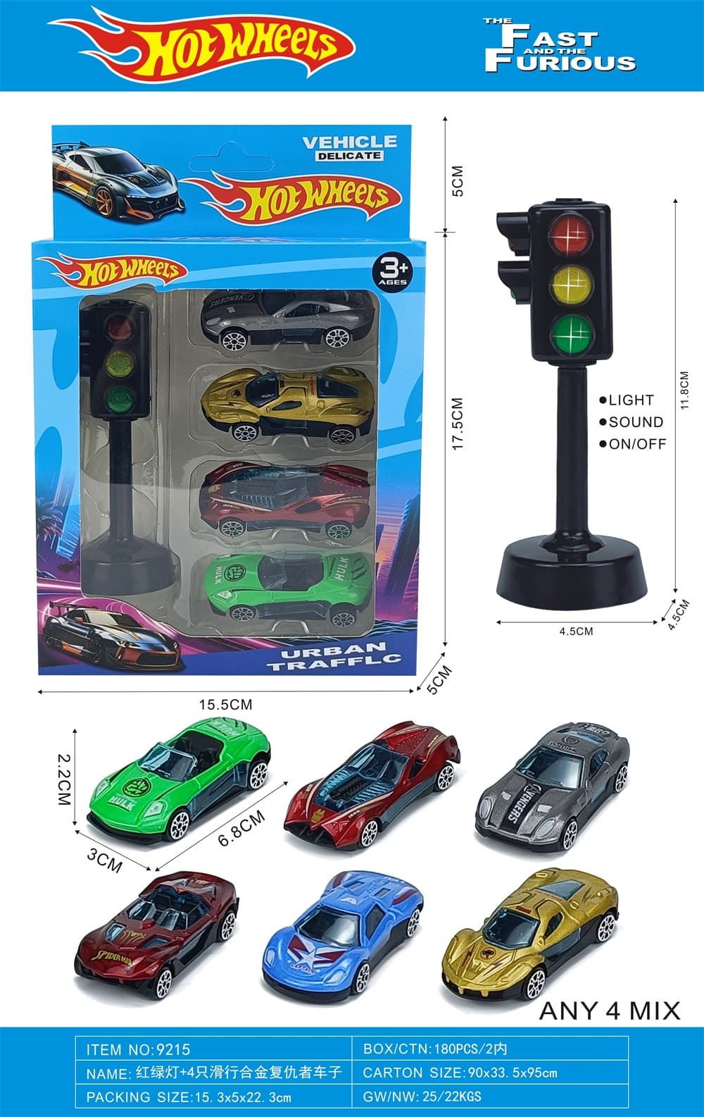 Traffic Light + 4 Avengers Die-Cast Sliding Cars