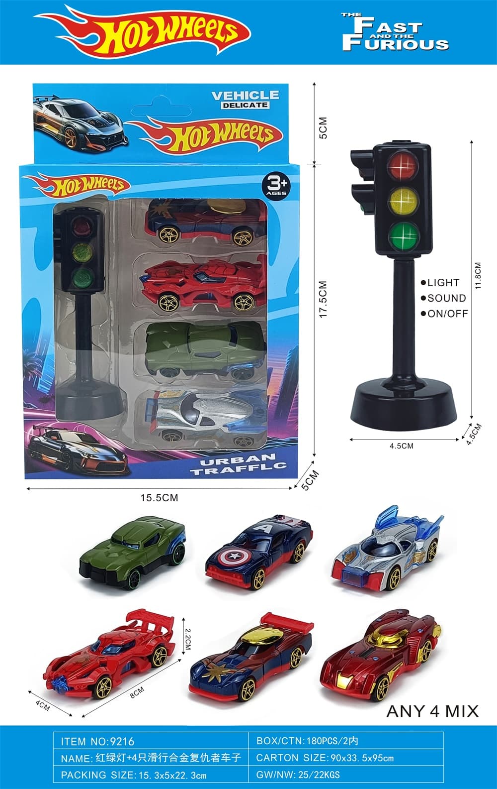 Traffic Light + 4 Avengers Die-Cast Sliding Cars