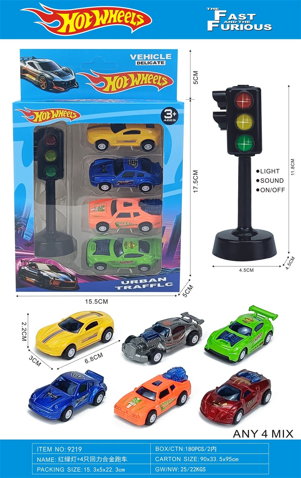 Traffic Light + 4 Pack Pull Back Alloy Racing Cars