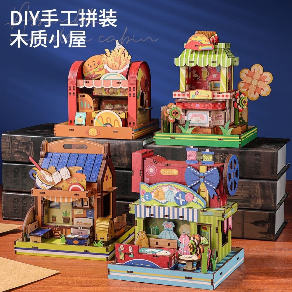 Wooden 3D Popular Assembly Street Scene Bakery Cafe Desktop Decoration Model Trendy Toy Gift for Girls