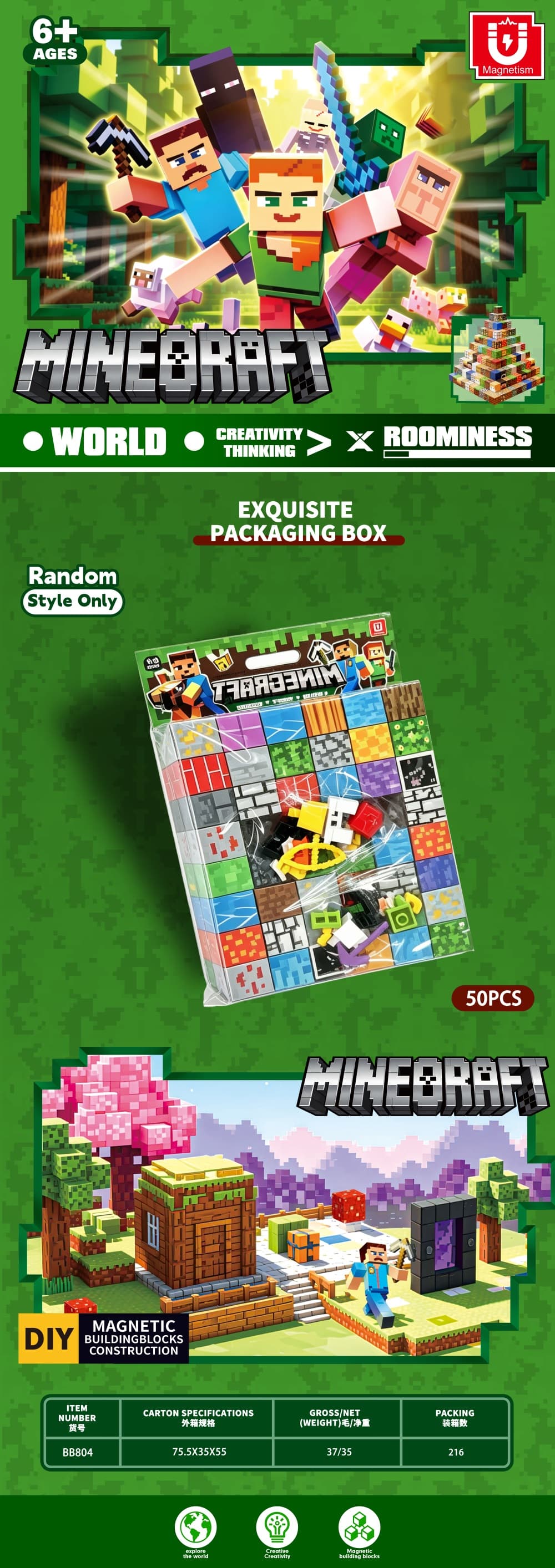 Magnetic Building Blocks 48-Piece Set with 2 Figurines