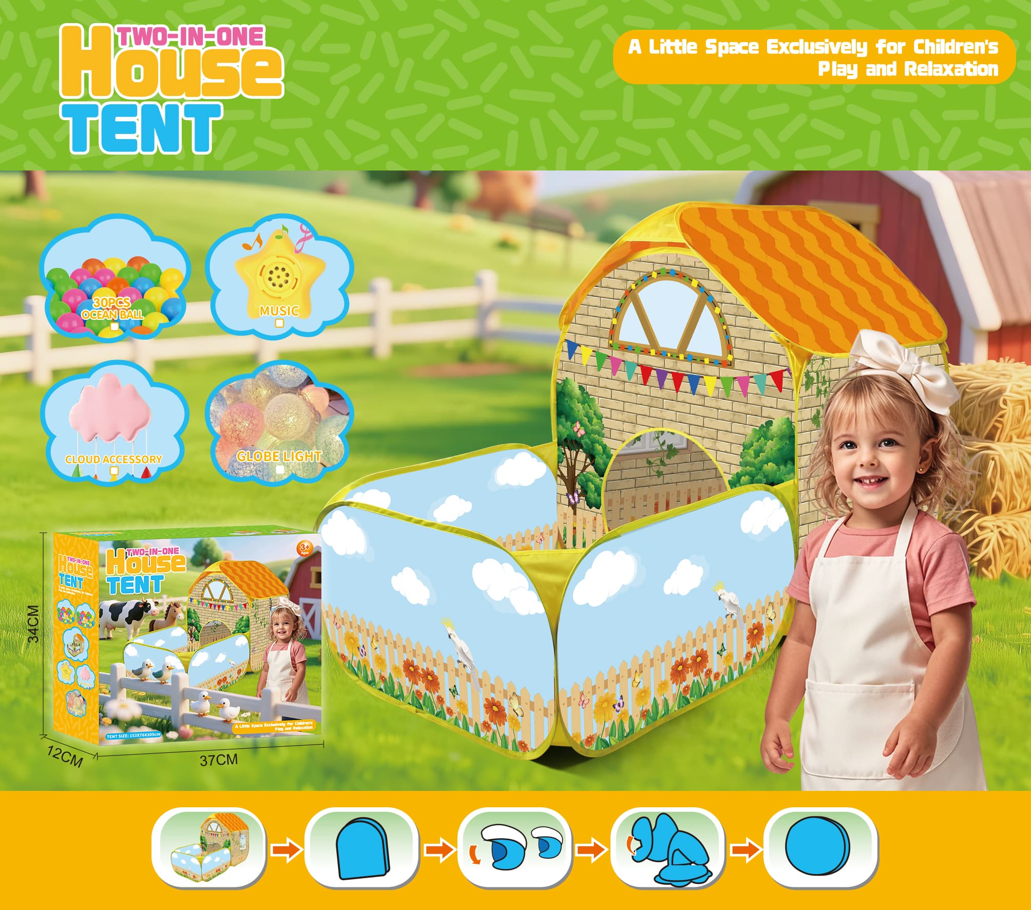 Children's Tent - Pastoral Style Parrot Fence Prairie Shepherd's Hut Playhouse Pretend Play Tent, Kids' Playland Set with Deluxe Carry Box, Including Ocean Balls, Cotton Ball Lights, and Cloud Ornaments