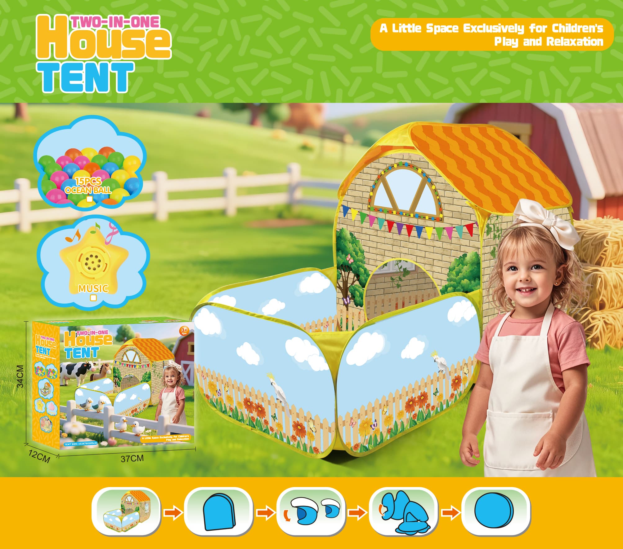 Children's Tent - Pastoral Style Parrot Fence Prairie Shepherd's Hut Role-Playing Play Tent, Kids' Playhouse Set, Exquisite Handheld Color Box with Ocean Balls and Musical Sound Horn