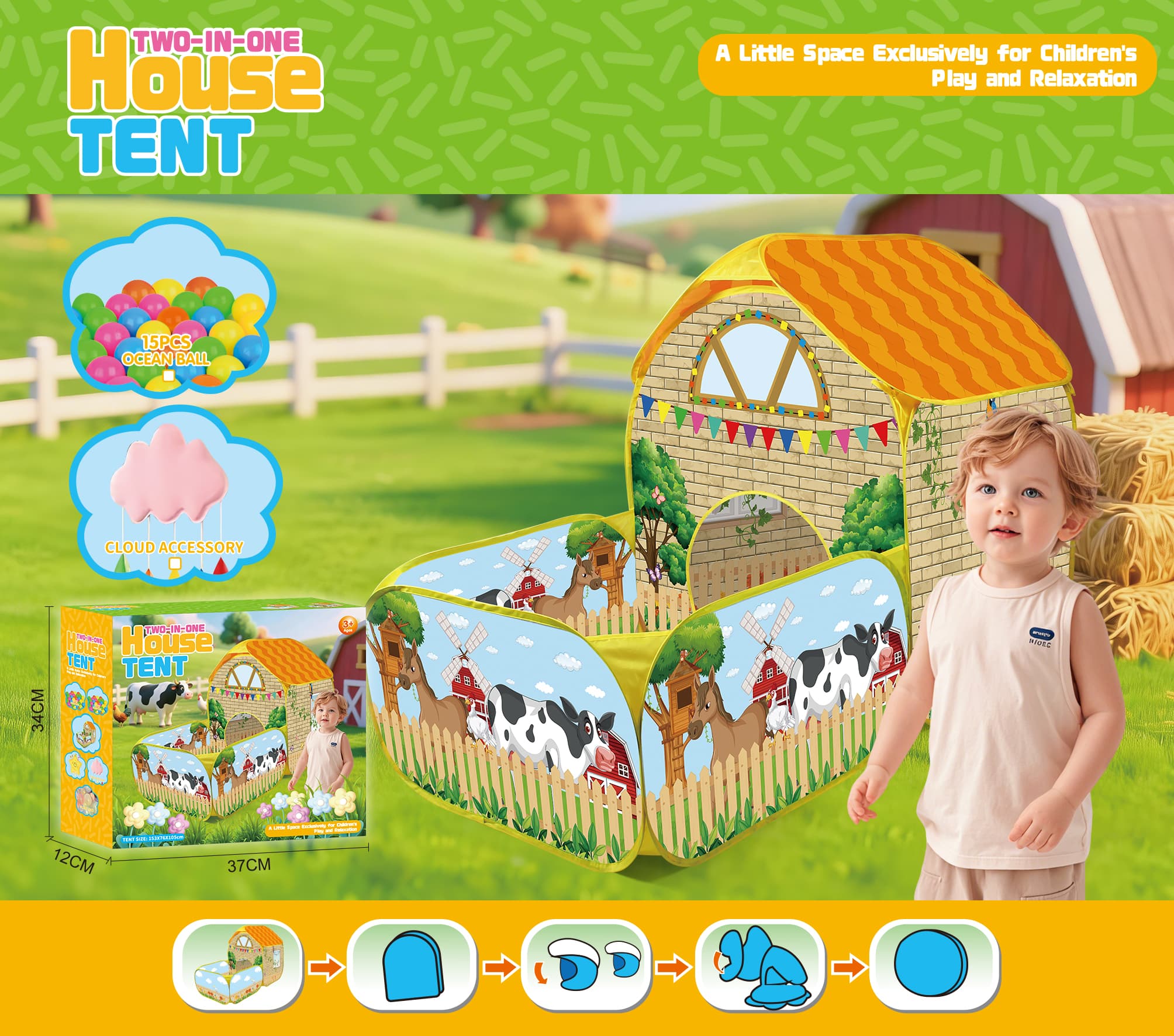 Children's Tent Pastoral Style Cow Pony Farm Paradise Theme Herder Cottage Kids Playhouse Tent Children's Playland Set Exquisite Hand-Painted Box with Ocean Balls and Cloud Ornaments