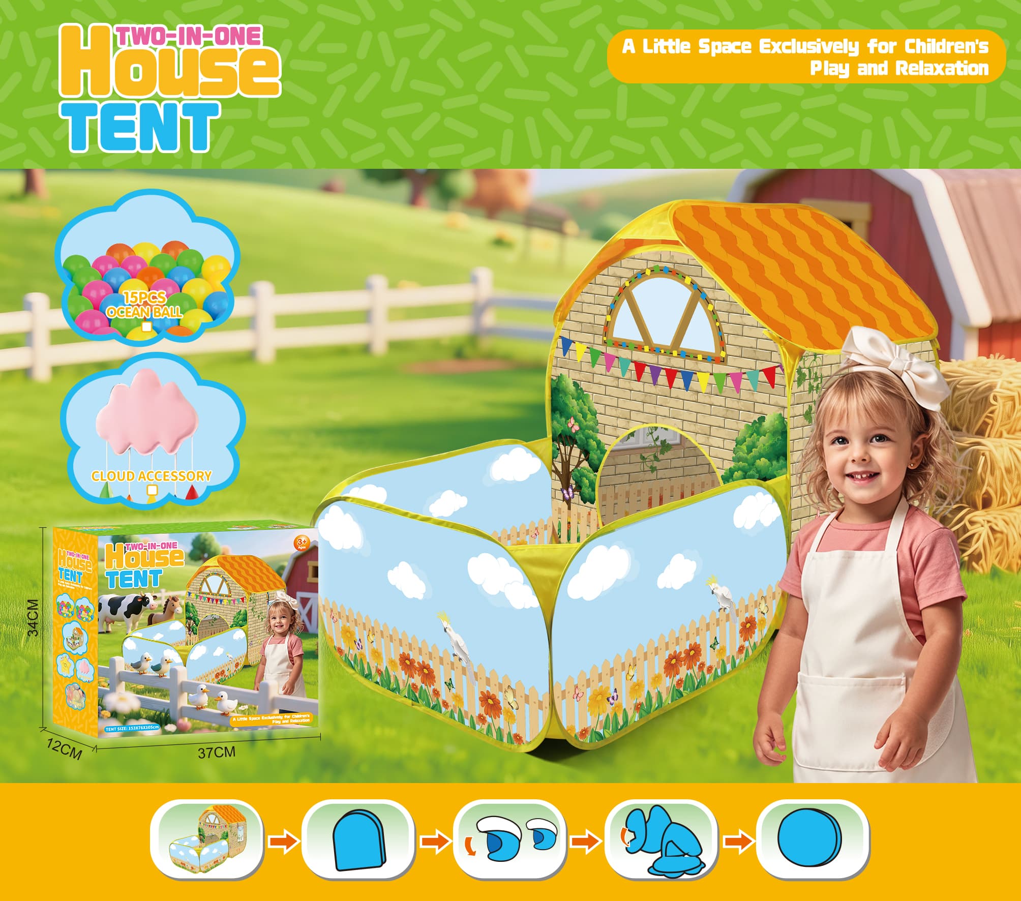 Children's Tent - Pastoral Style Parrot Fence Prairie Cottage Playhouse, Kids Pretend Play Tent Set, Deluxe Carry Box with Ocean Balls and Cloud Ornaments