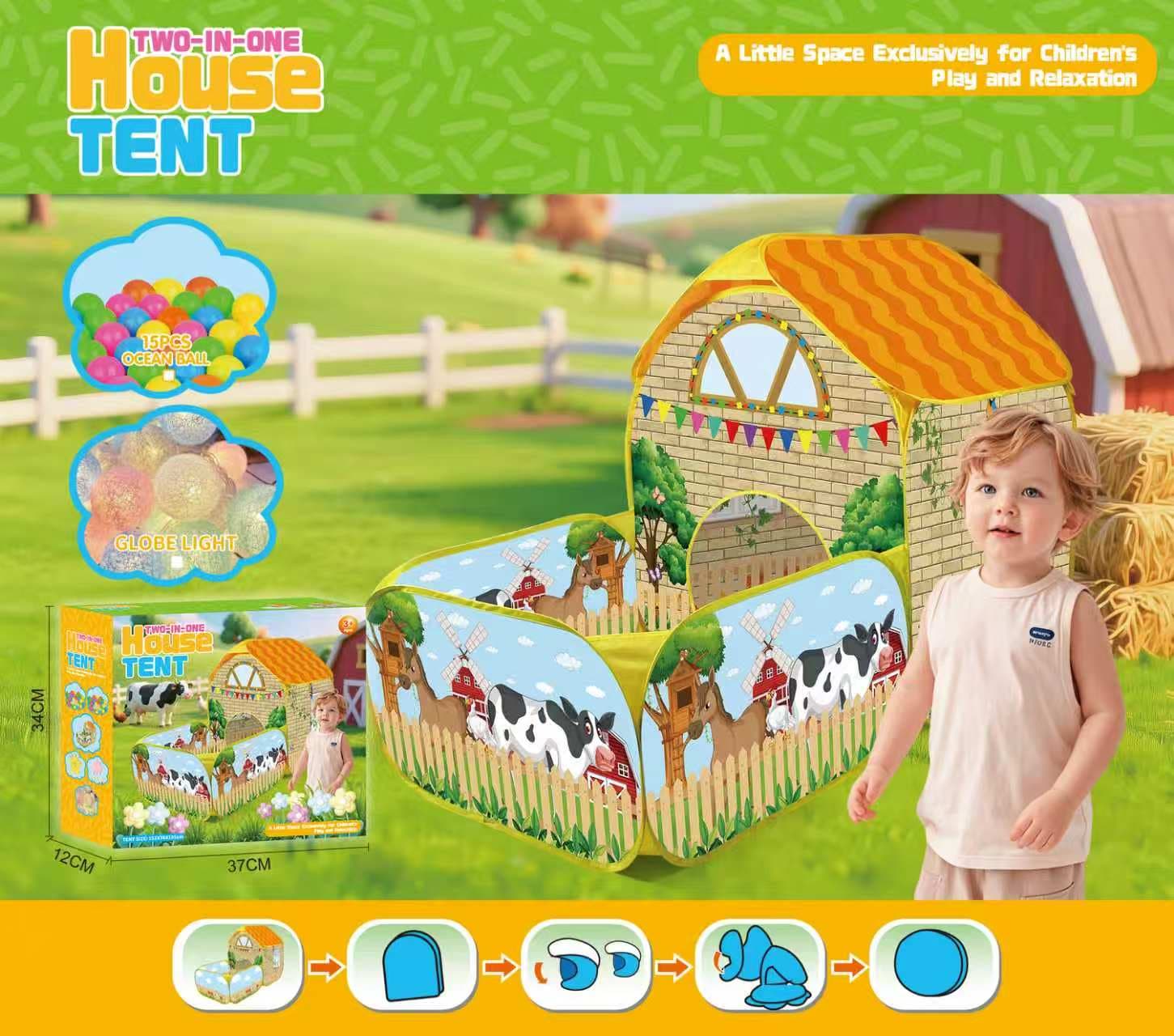 Children's Tent - Pastoral Style Cow Pony Farm Paradise Theme Herder Cottage, Kids Pretend Play Tent, Children's Playland Set, Exquisite Hand-Painted Color Box with Ocean Balls and Cotton Ball Lights