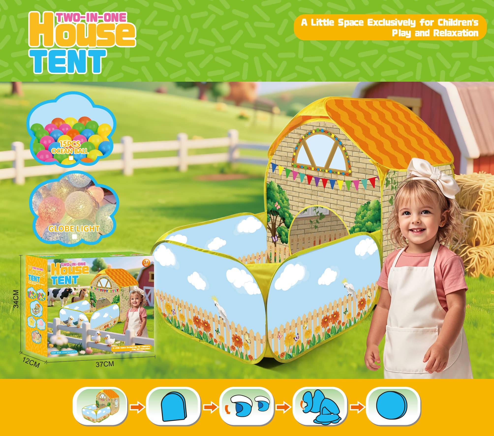 Children's Tent - Pastoral Style Parrot Fence Prairie Shepherd's Hut Playhouse Pretend Play Tent, Kids' Playland Set with Deluxe Carry Box Including Ocean Balls and Cotton Ball Lights