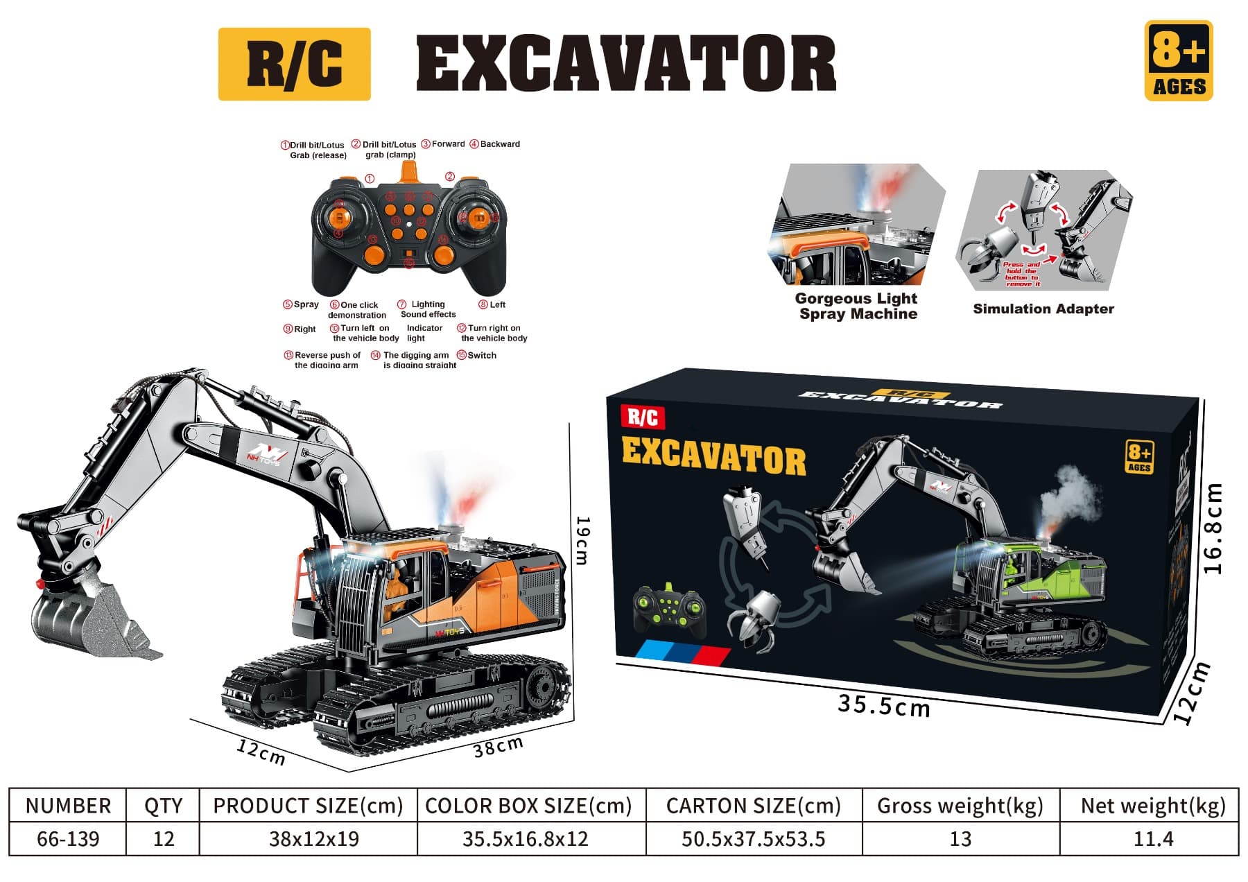2.4G 14-Channel All-in-One Remote Control Alloy Crawler Excavator/Driller/Stone Grabber with One-Key Demo, Forward/Backward/Left Turn/Right Turn/Cab Left Turn/Cab Right Turn/Lighting/Sound Effects/Spraying/Excavator Arm: Digging Action/Pushing Action/Ston